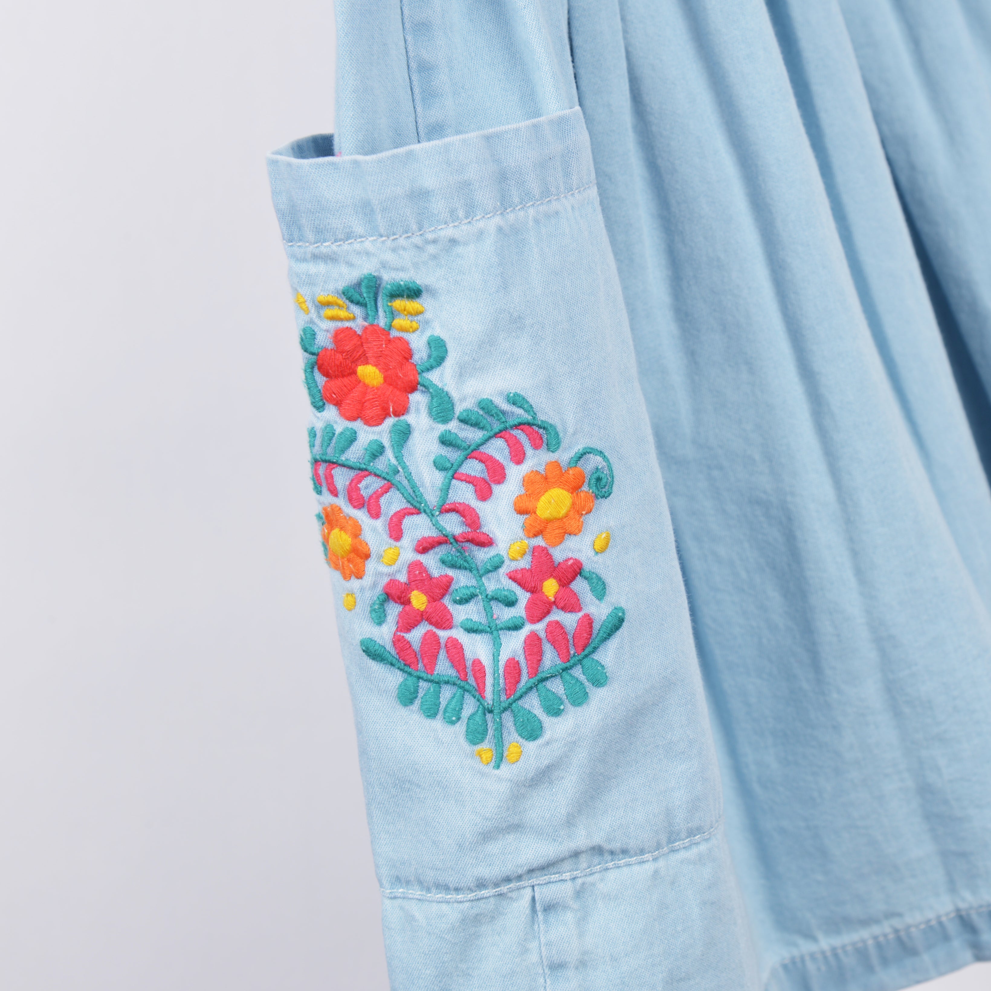 Girls Denim Blue Cotton Embroidered Skirt