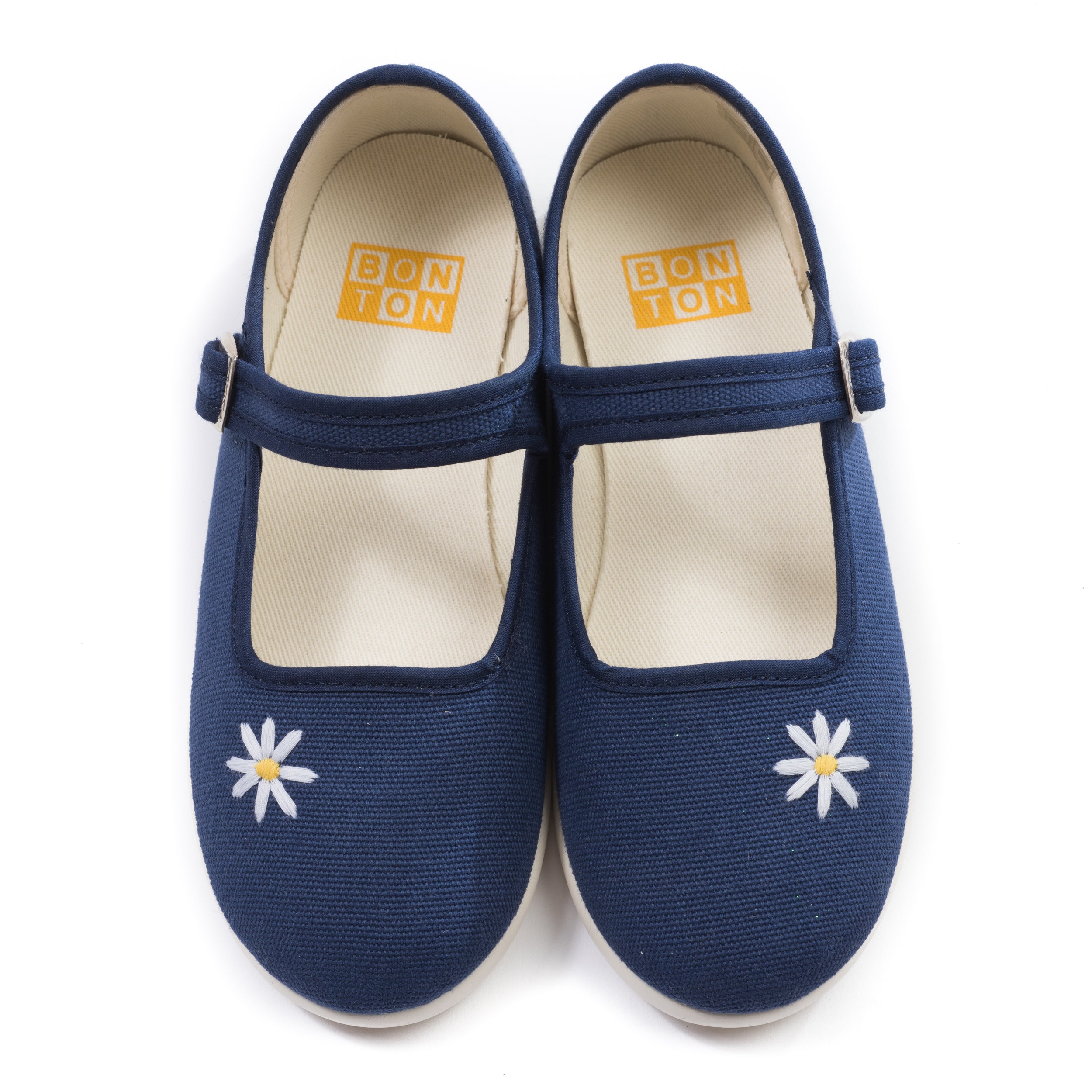Baby Girls Blue Slippers With Buckle Aan Embroided Daisy