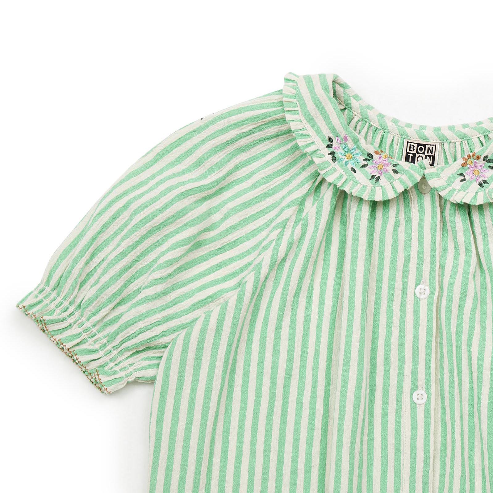 Girls Green Stripes Cotton Shirt