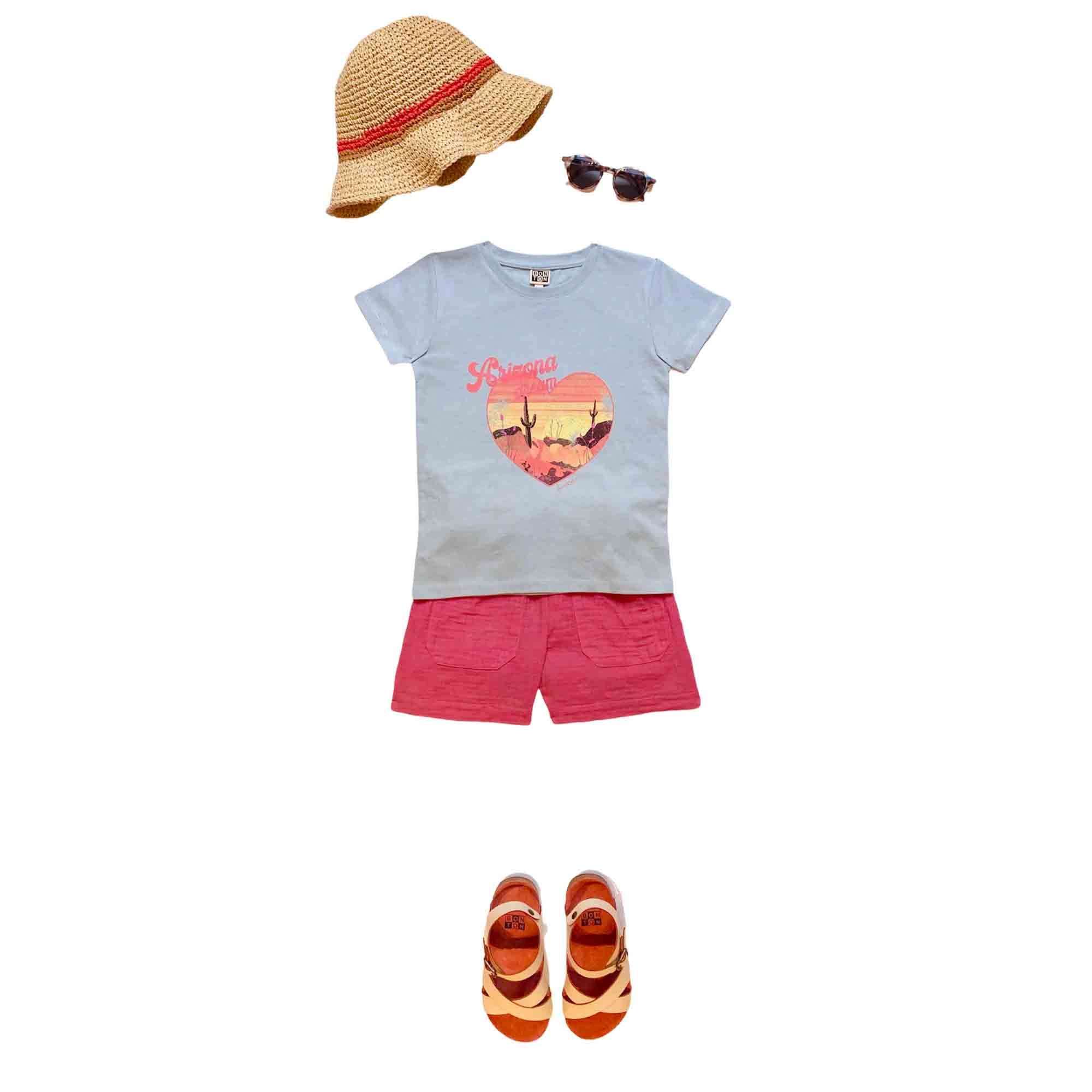 Girls Light Blue Printed Cotton T-Shirt