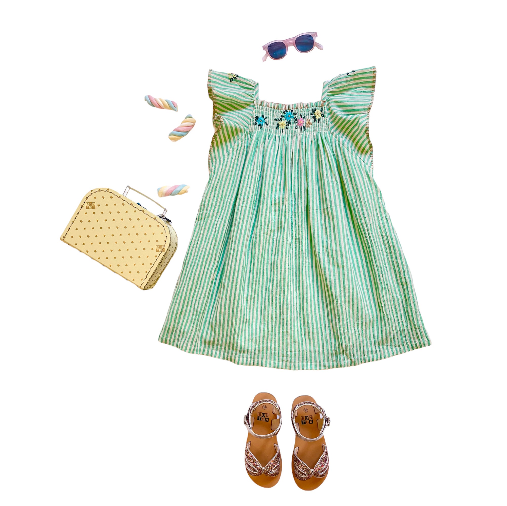 Girls Green Stripes Cotton Dress