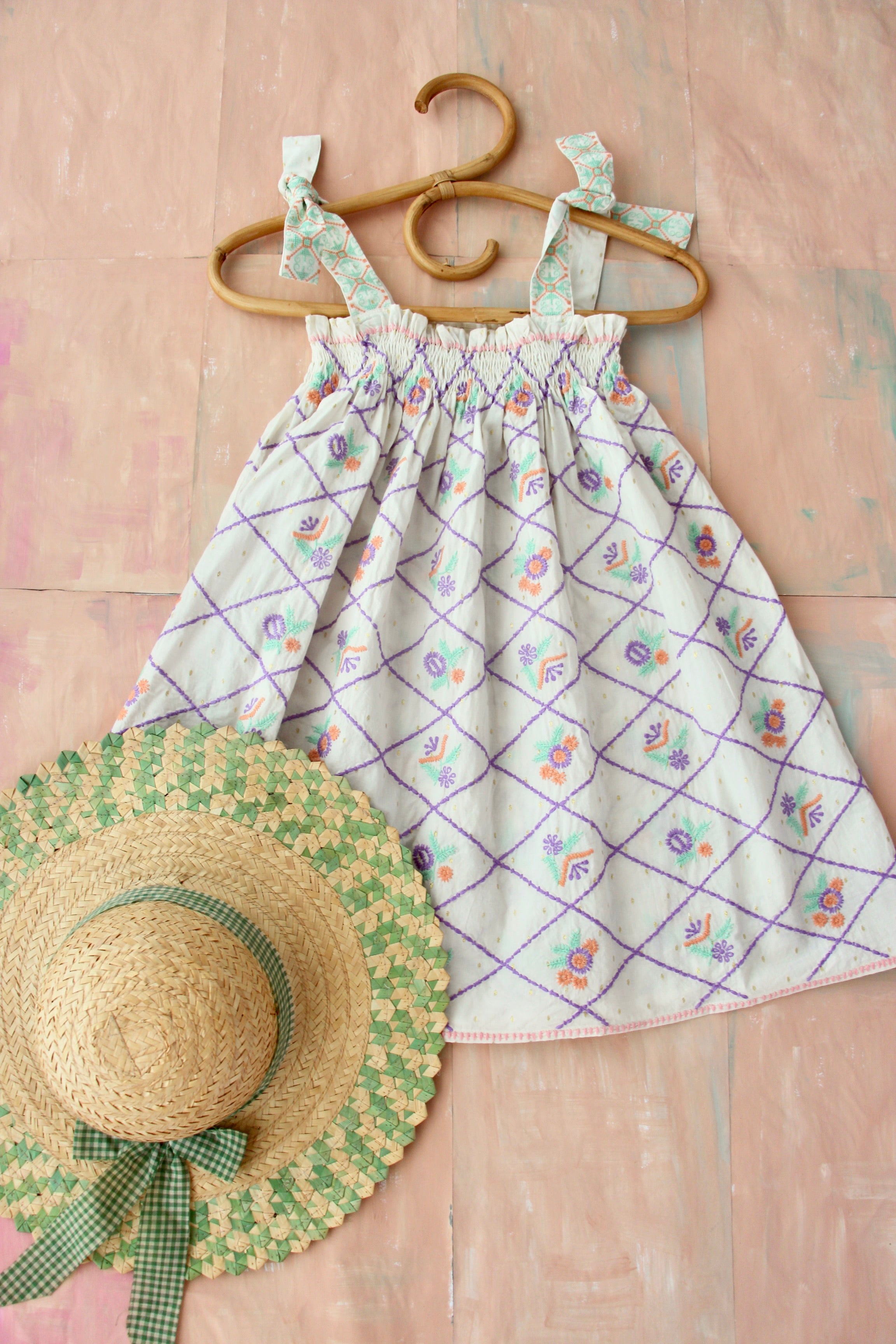 Girls Purple Check Embroidery Dress