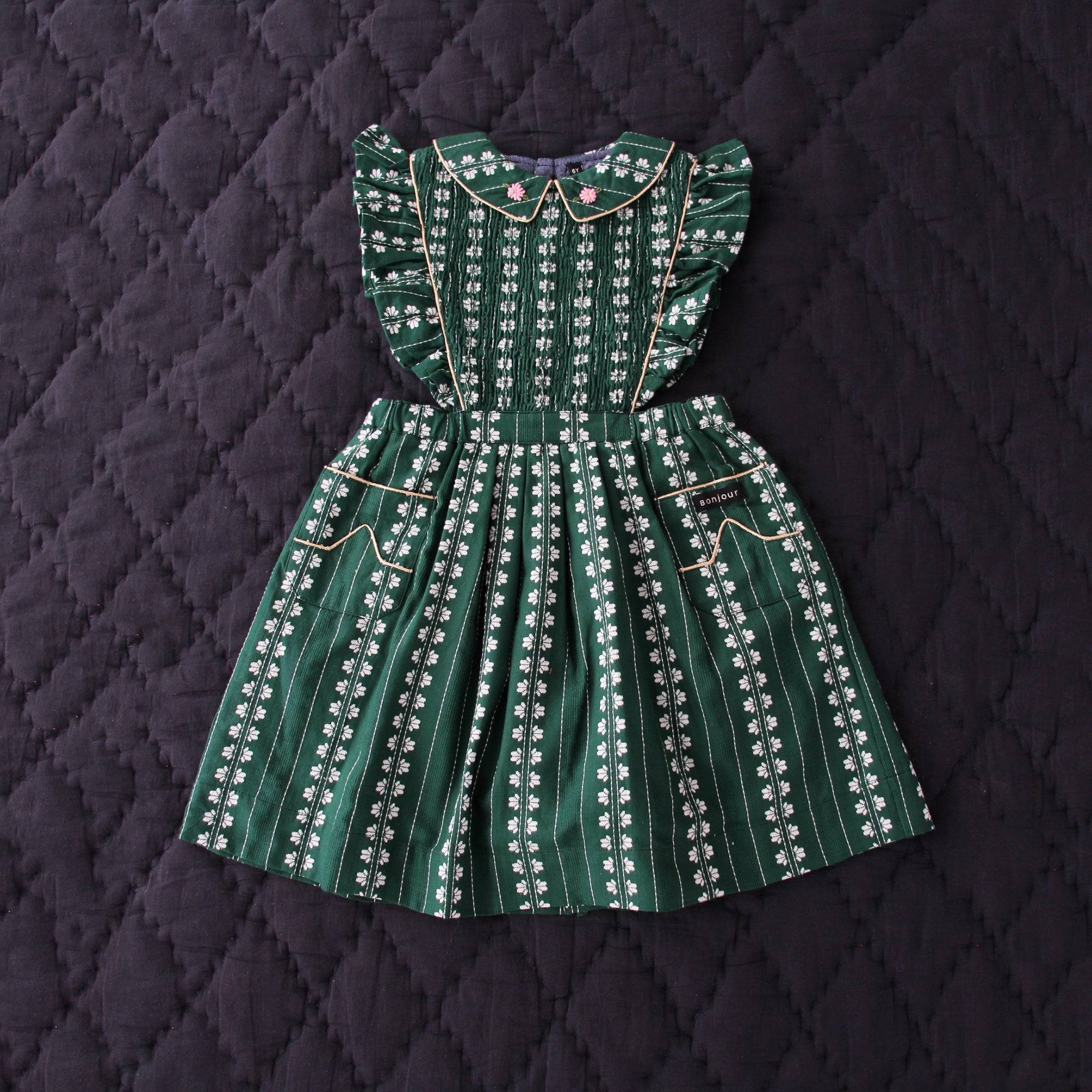 Girls Green Flowers Cotton Dress