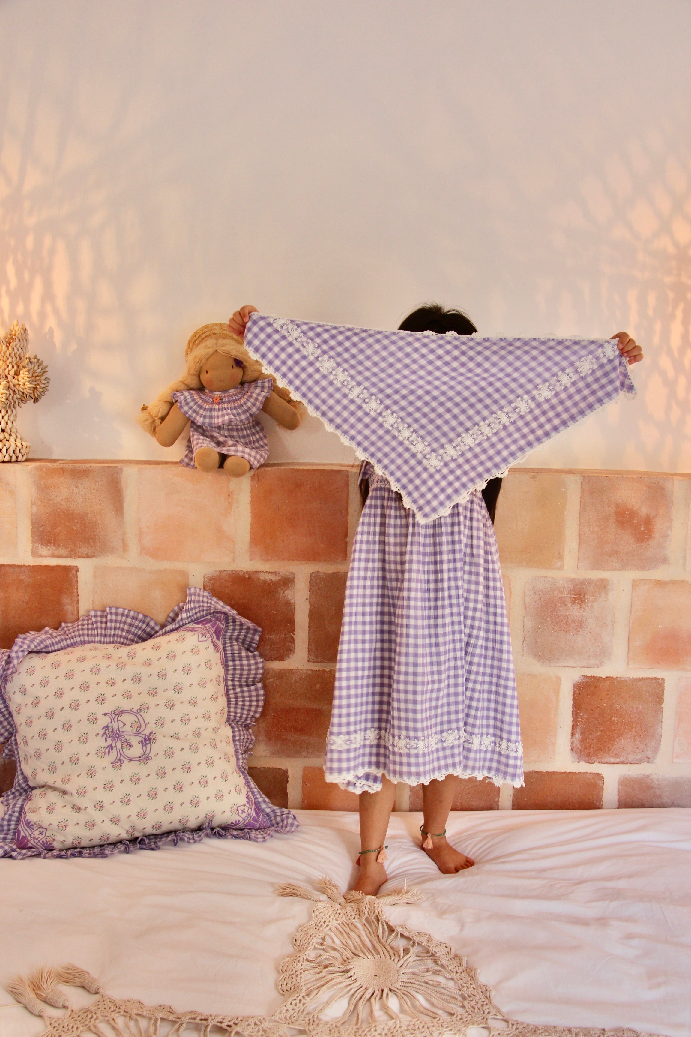 Girls Blue Check Dress & Scarf Set