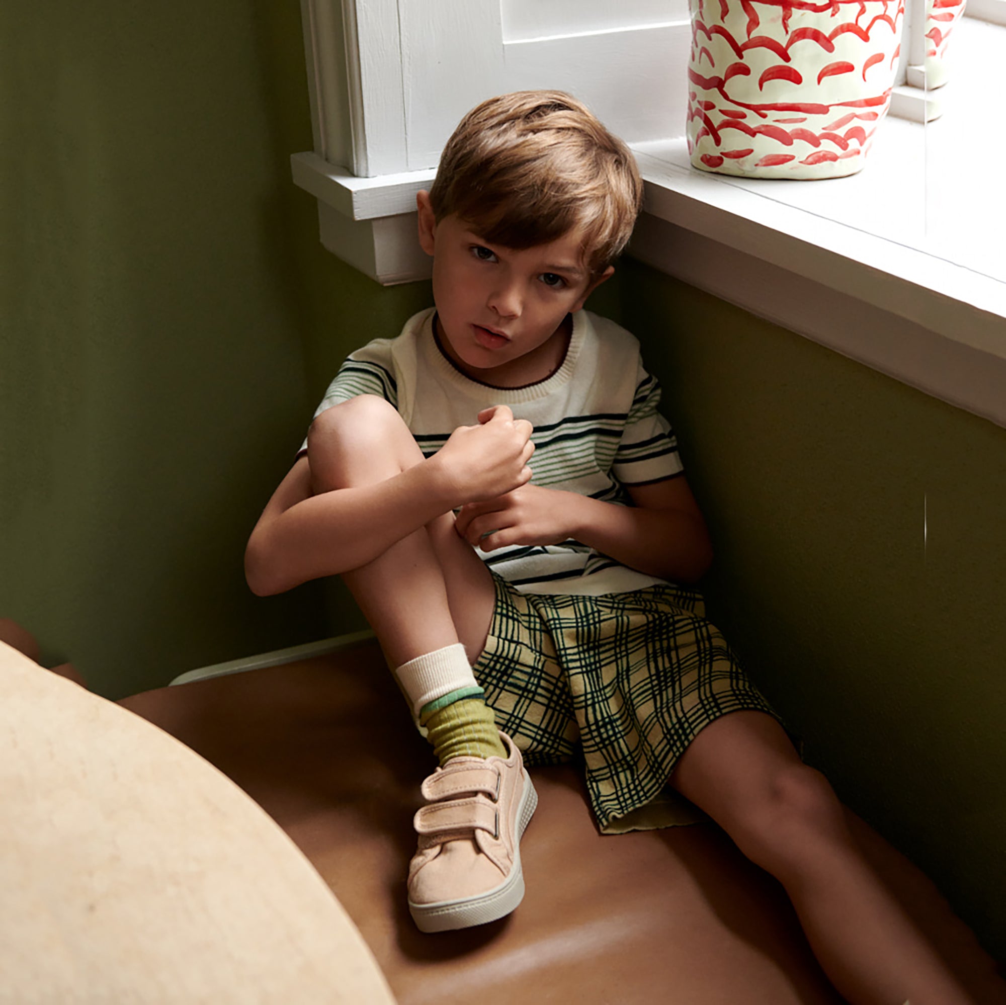 Boys & Girls Dark Green Stripes Cotton T-Shirt