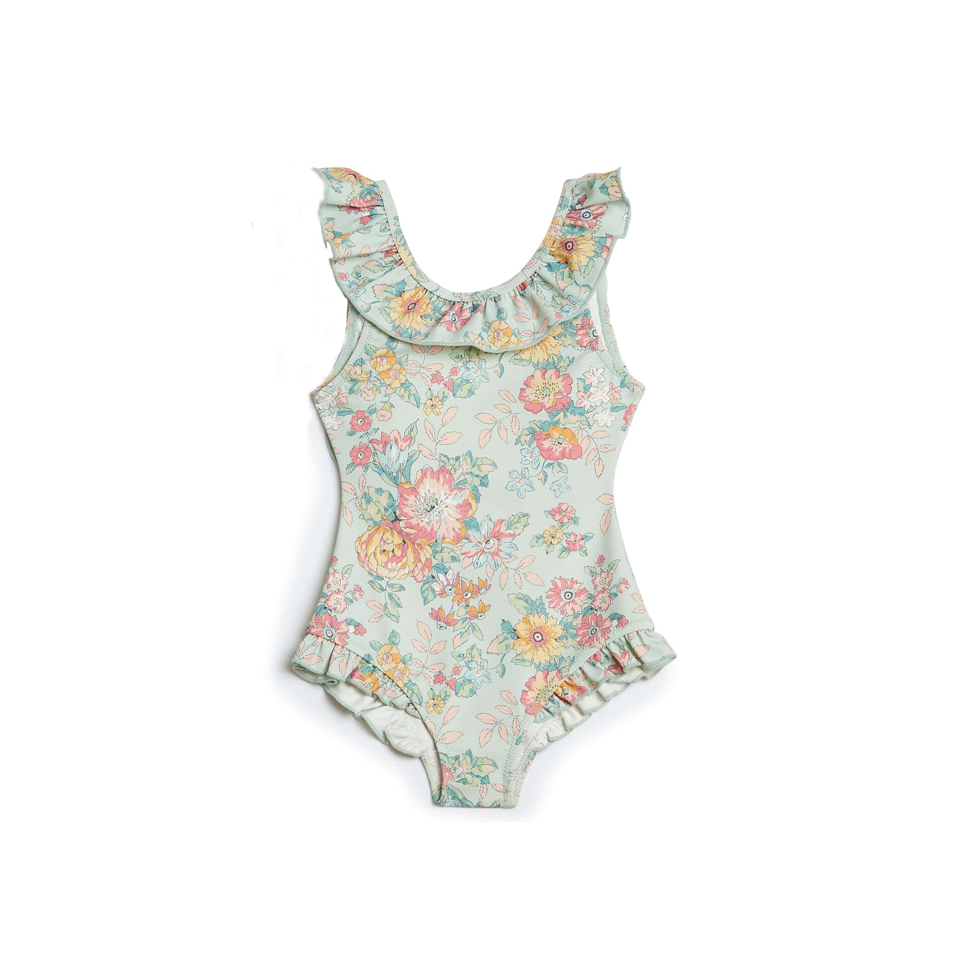 Girls Green Flowers Swimsuit