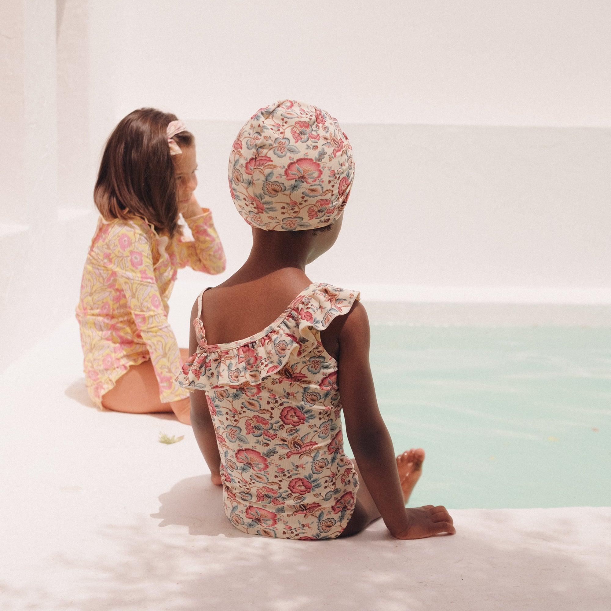 Girls White Flowers Swim Hat