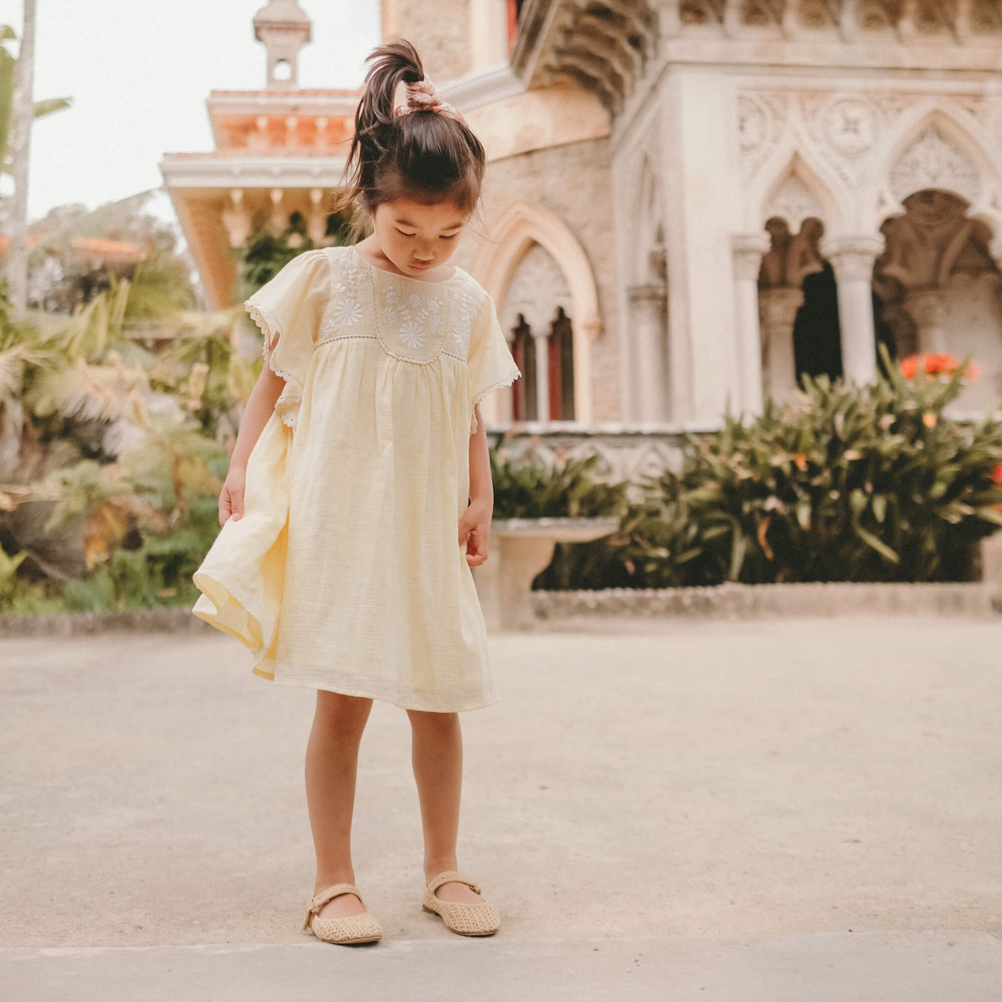 Girls Yellow Embroidered Cotton Dress