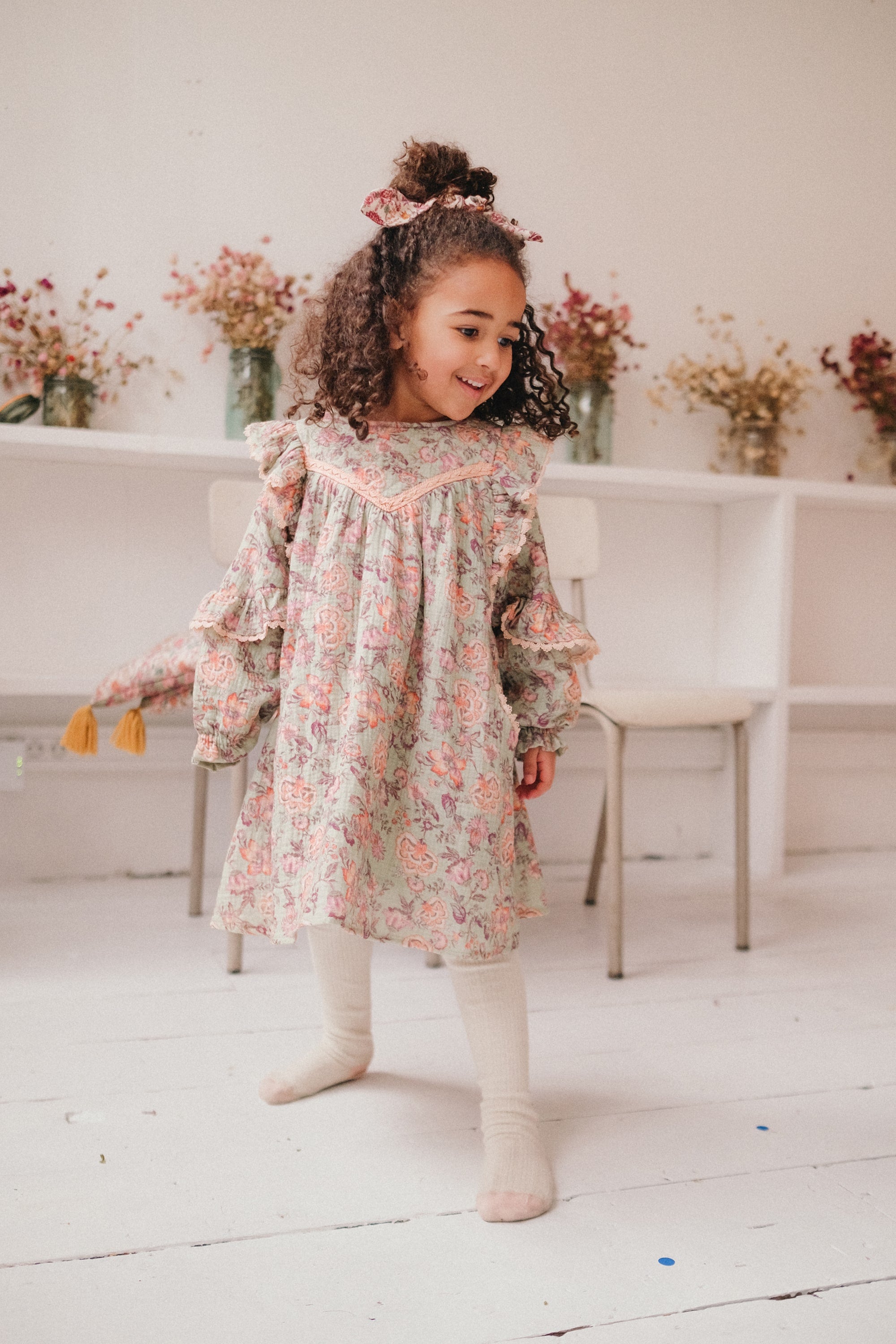 Girls Light Green Floral Cotton Dress
