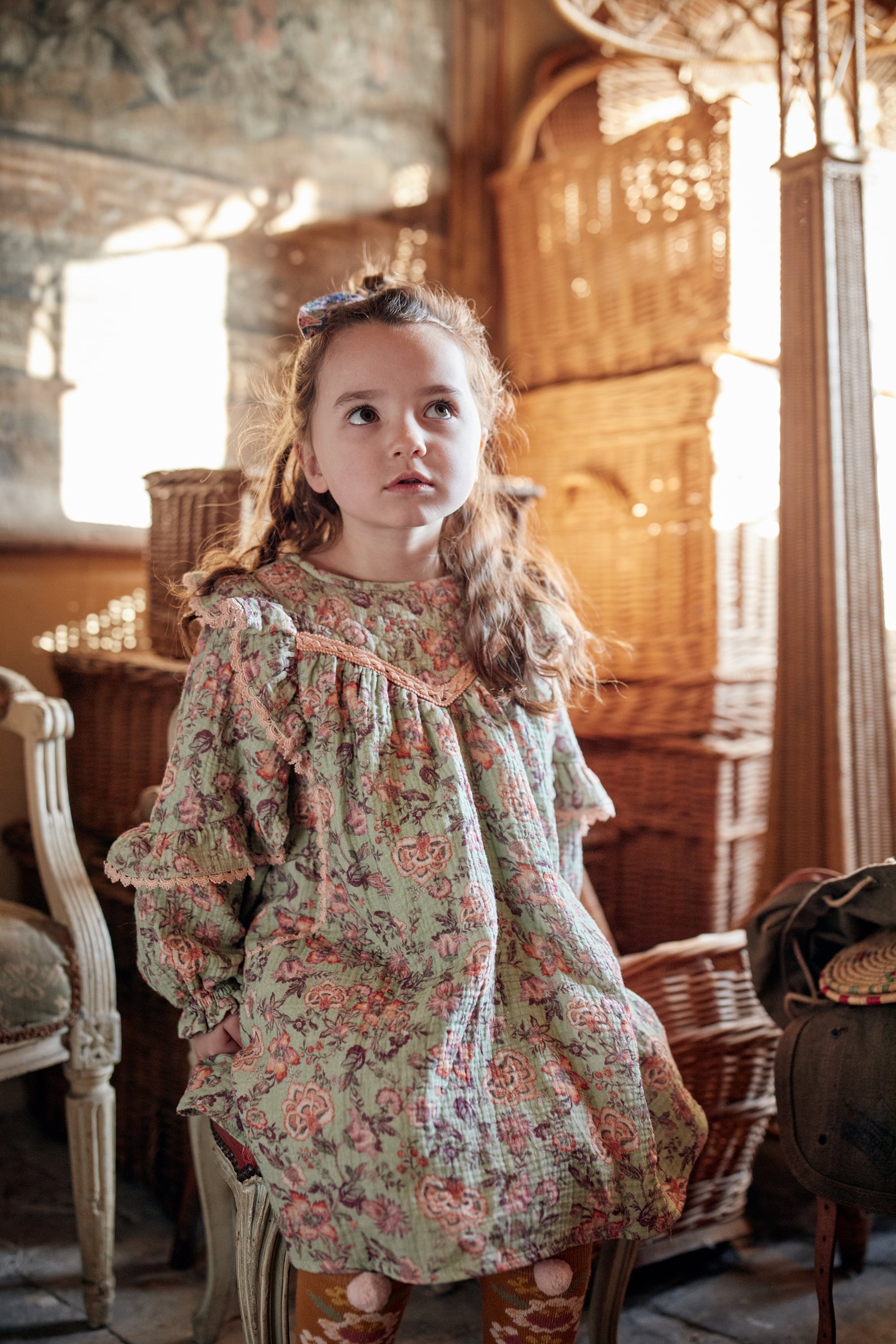 Girls Light Green Floral Cotton Dress