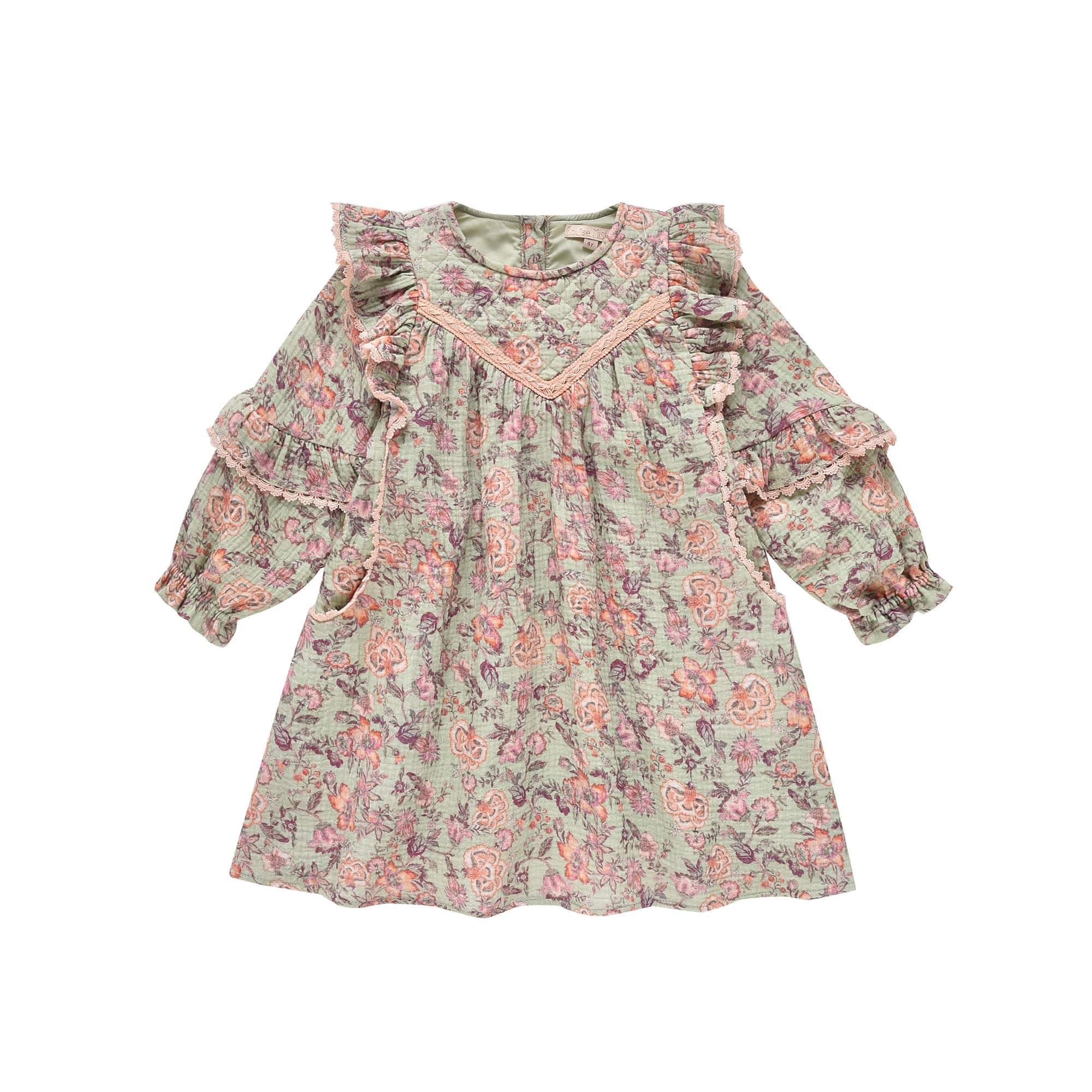 Girls Light Green Floral Cotton Dress