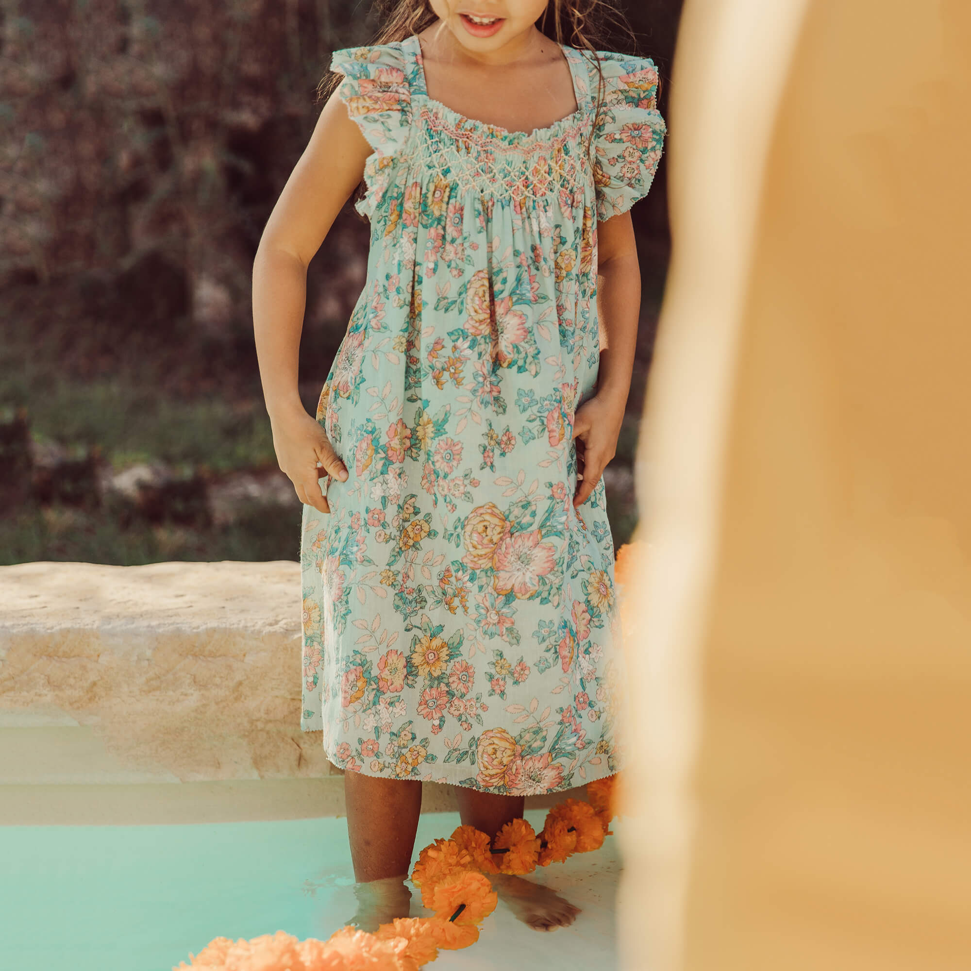 Girls Green Flowers Cotton Dress