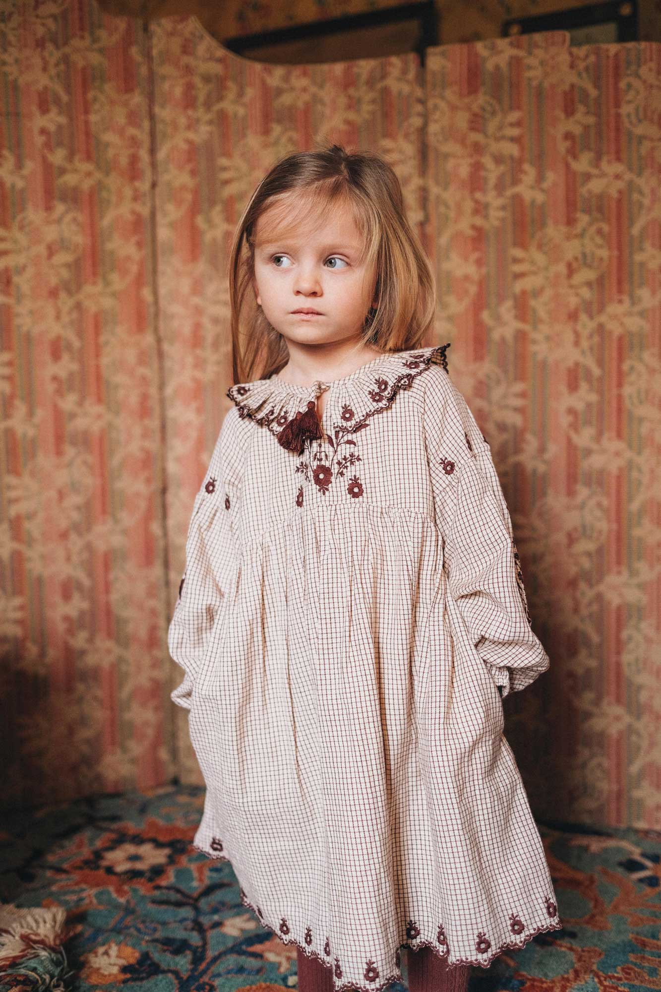 Girls Cream Check Cotton Dress
