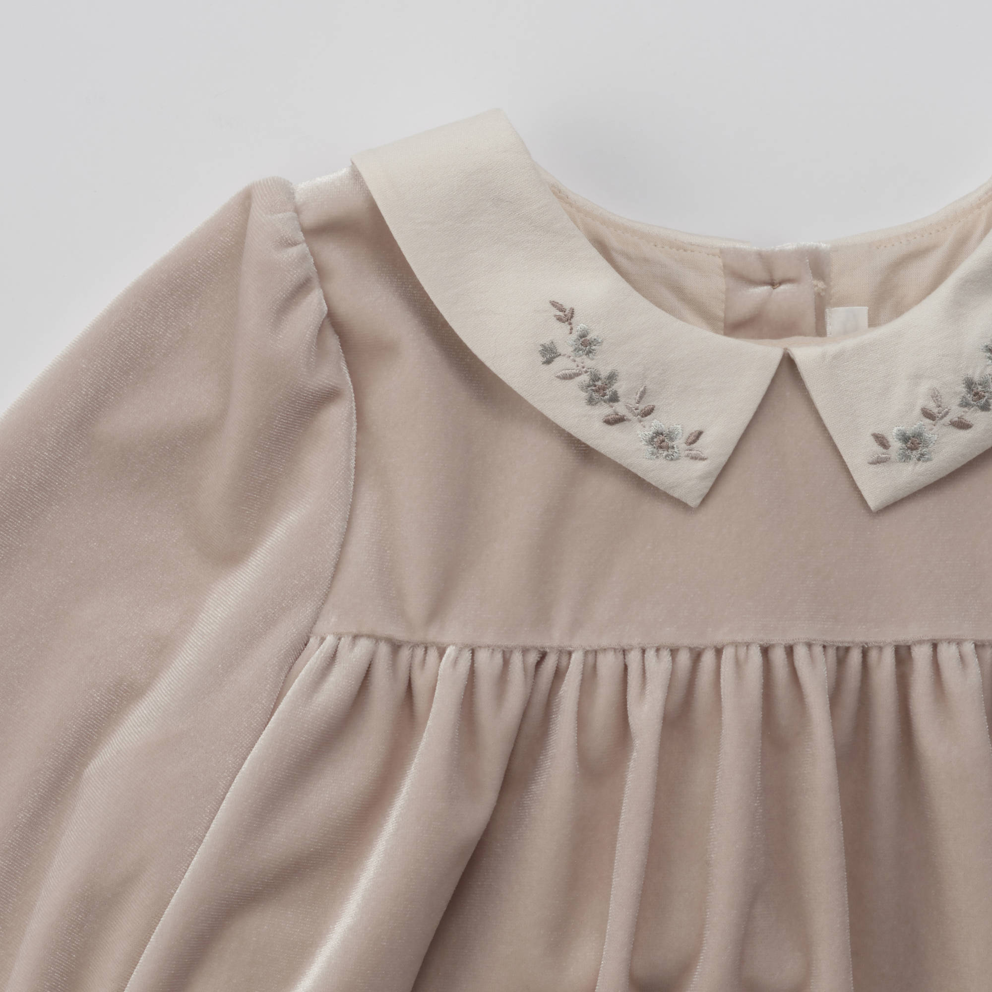 Girls Beige Embroidered Collar Velvet Dress