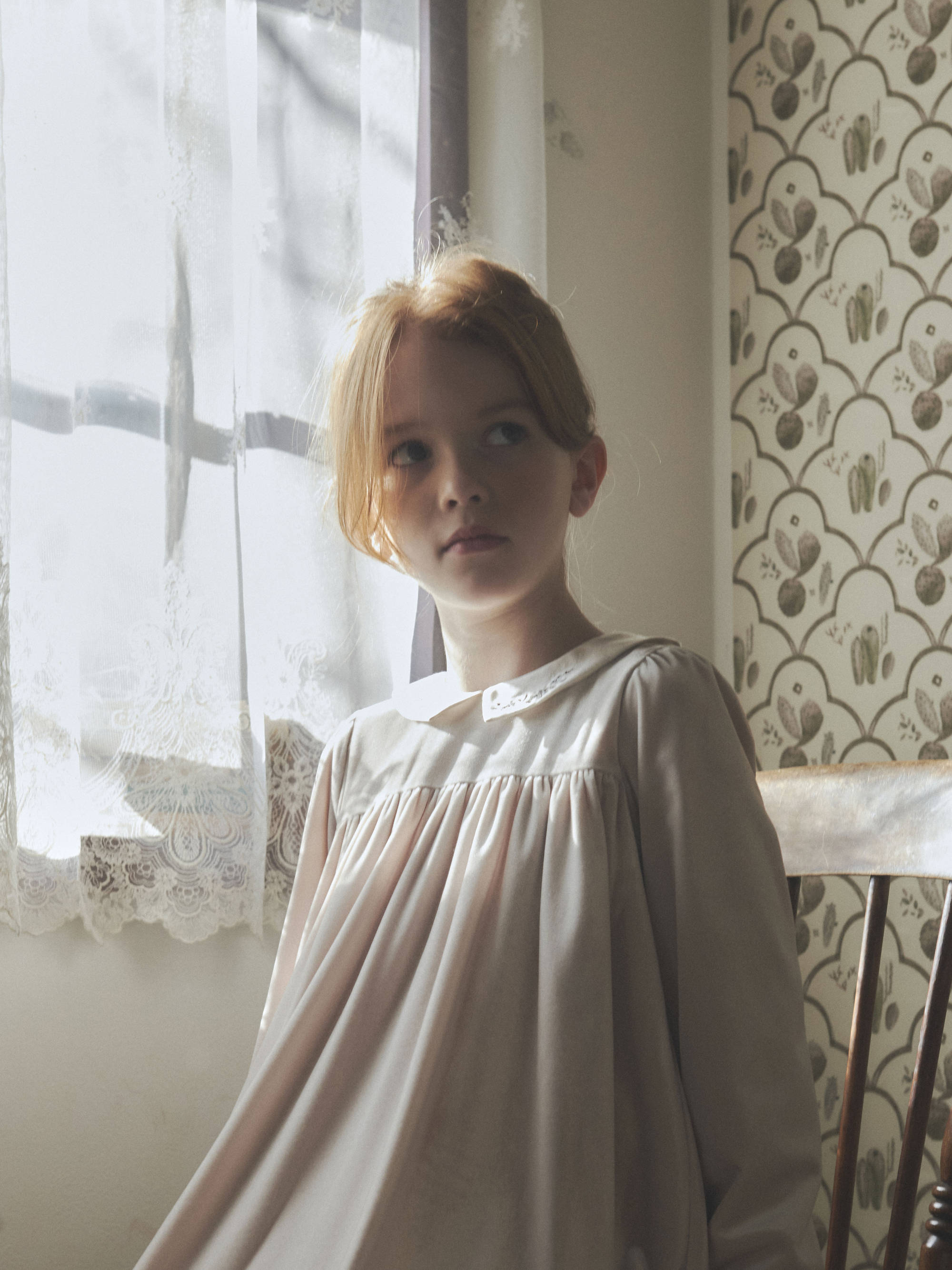 Girls Beige Embroidered Collar Velvet Dress