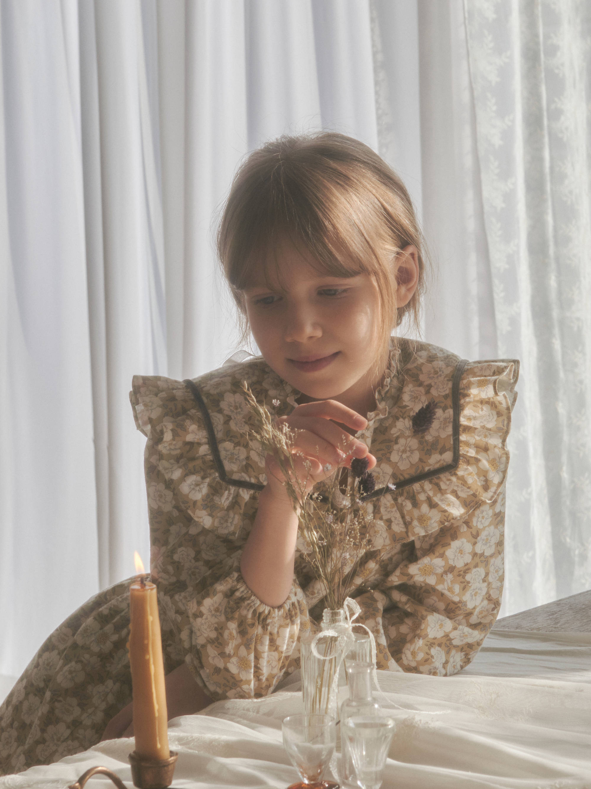 Girls Olive Floral Cotton Dress