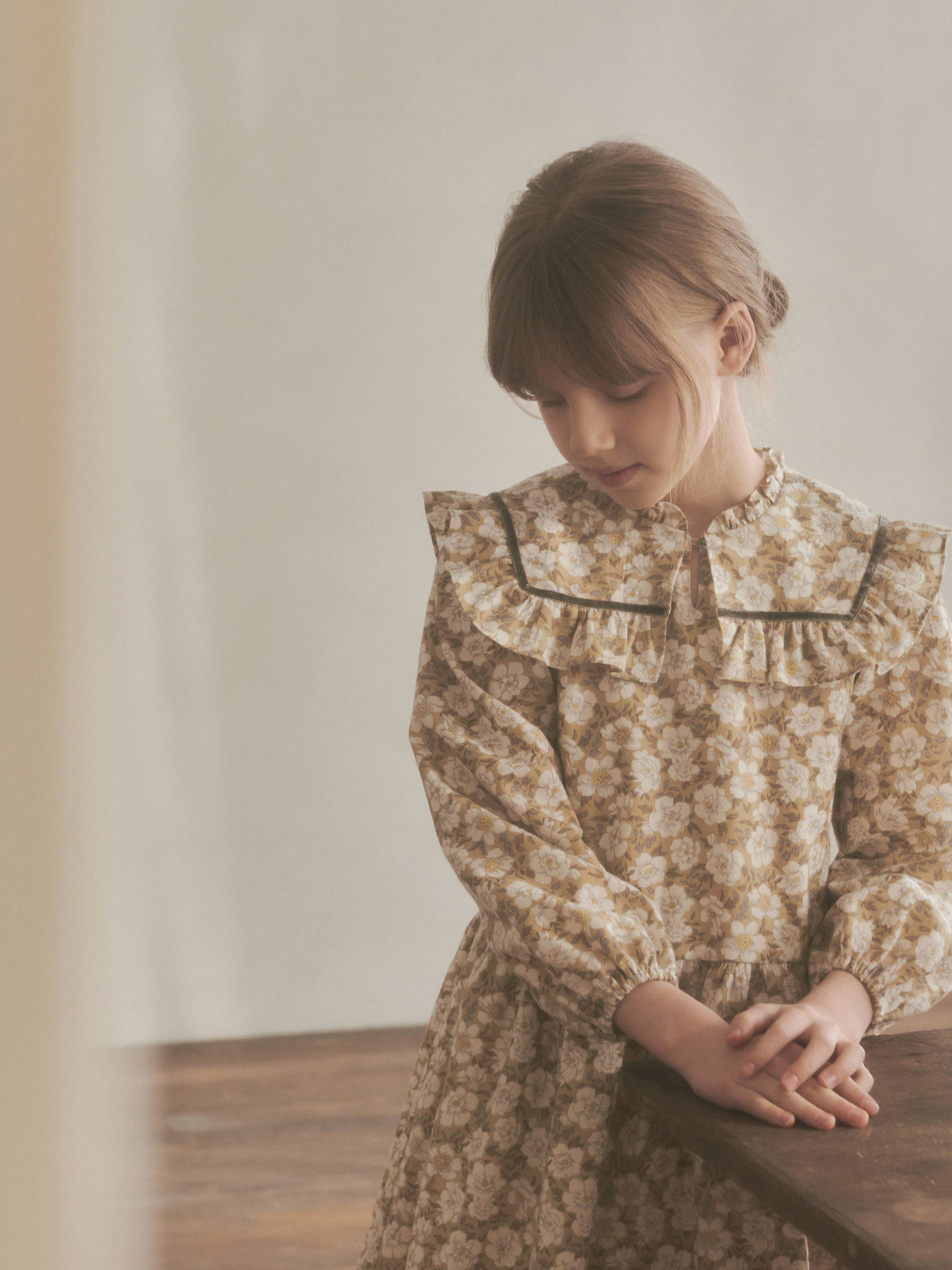 Girls Olive Floral Cotton Dress