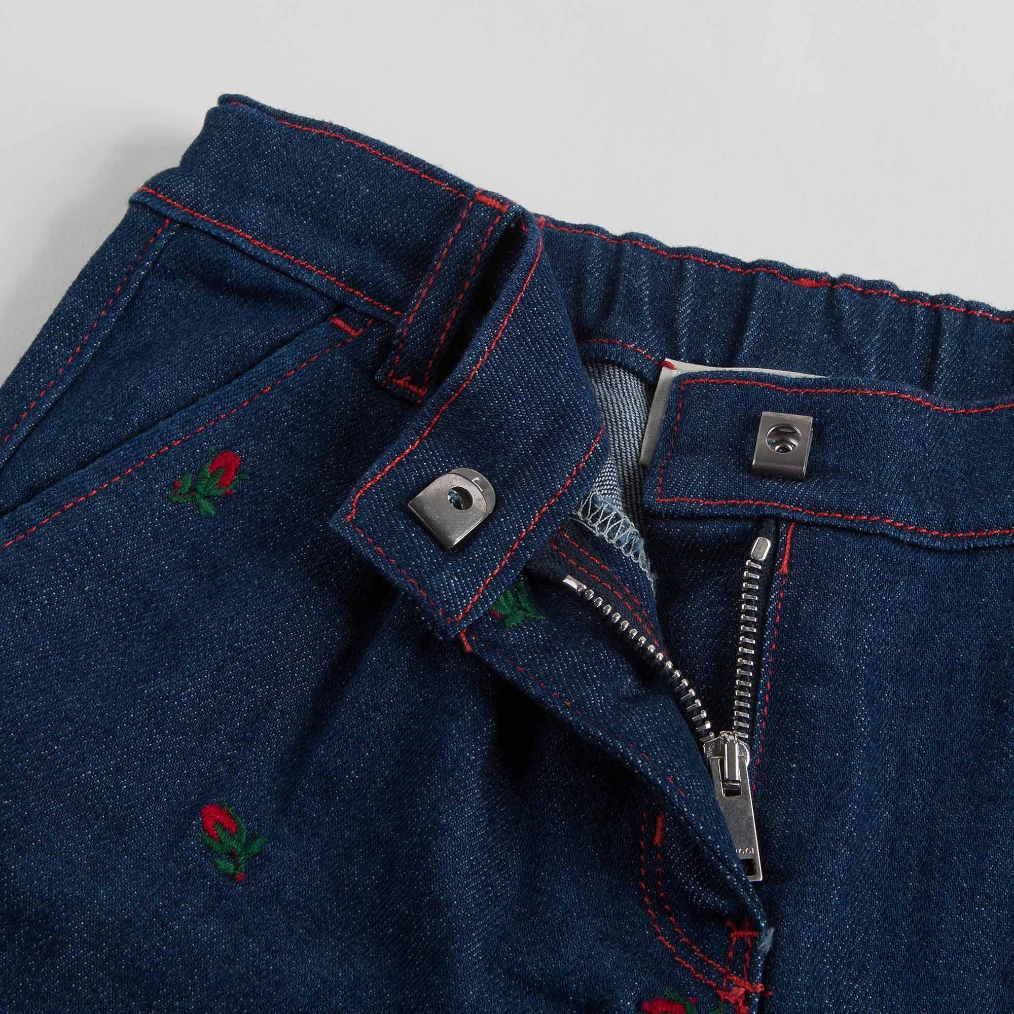 Baby Girls Blue Denim Jeans With Red Embroidered Flower Trims - CÉMAROSE | Children's Fashion Store - 4