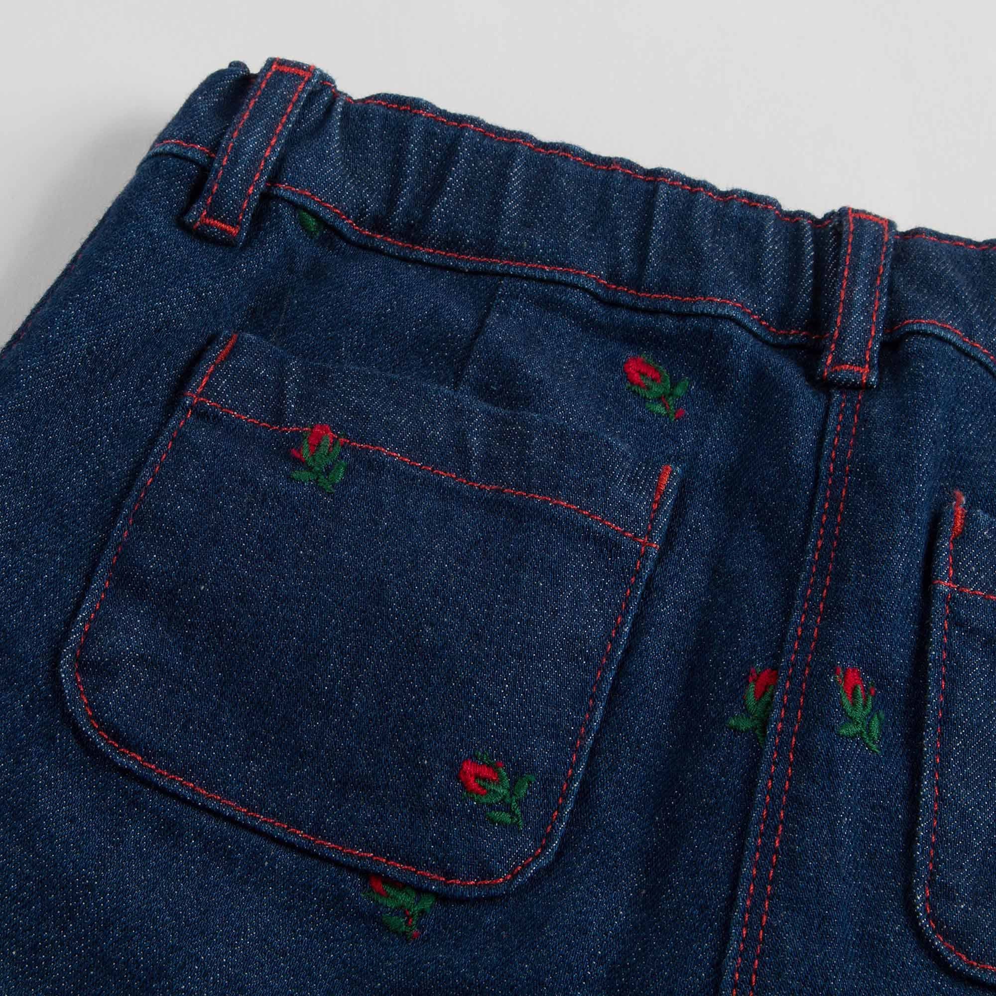 Baby Girls Blue Denim Jeans With Red Embroidered Flower Trims - CÉMAROSE | Children's Fashion Store - 5