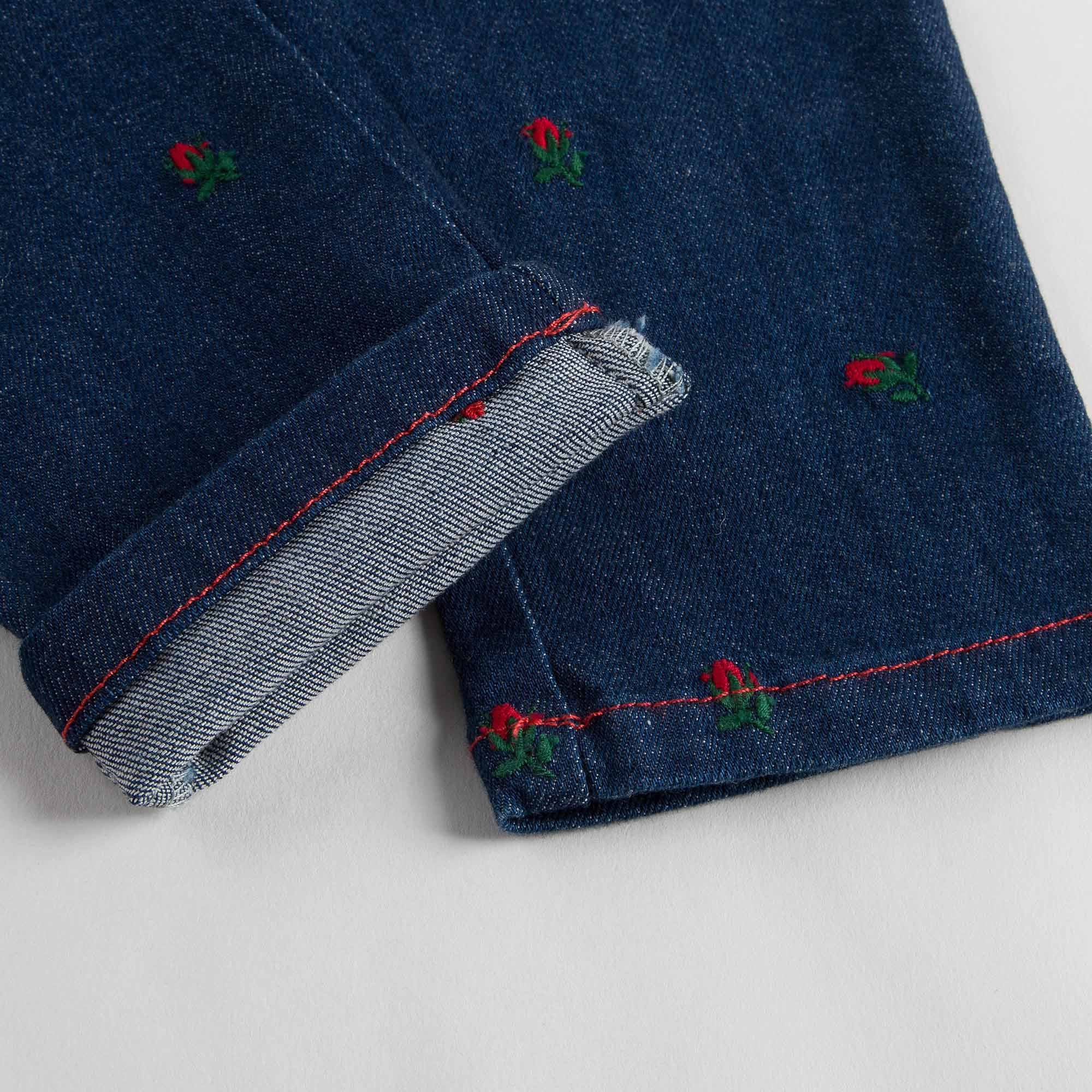 Baby Girls Blue Denim Jeans With Red Embroidered Flower Trims - CÉMAROSE | Children's Fashion Store - 6