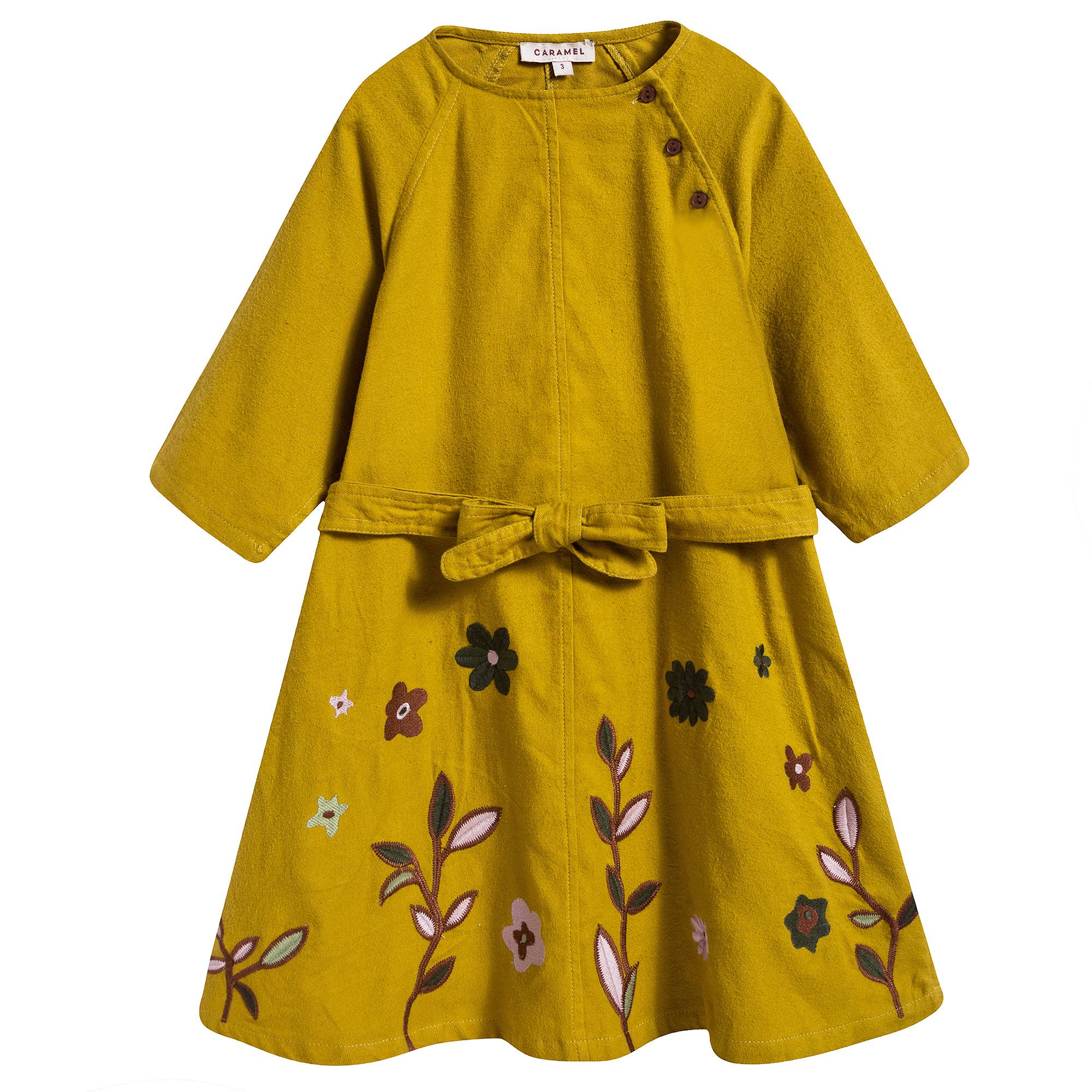 Girls Yellow Embroidered Dress with Belt