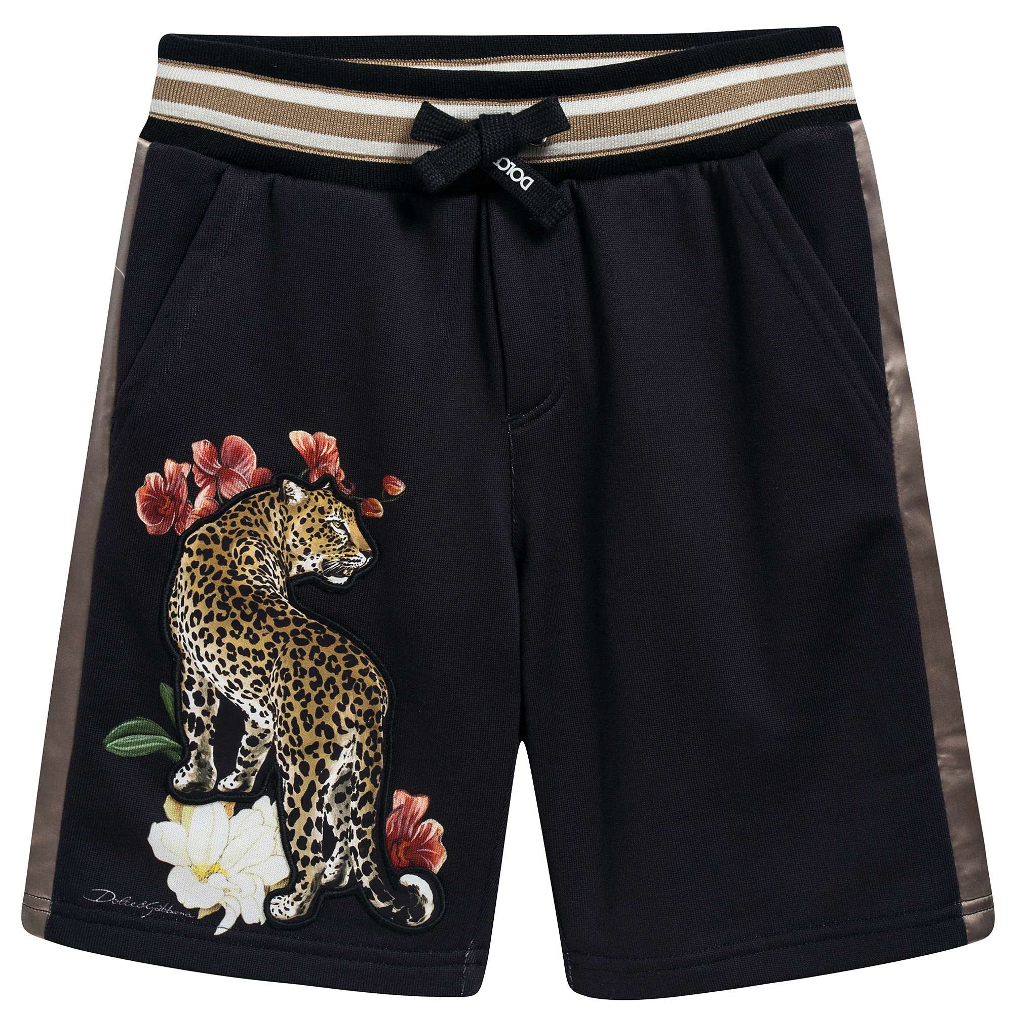 Boys Black "Leopard Printed" Cotton Shorts