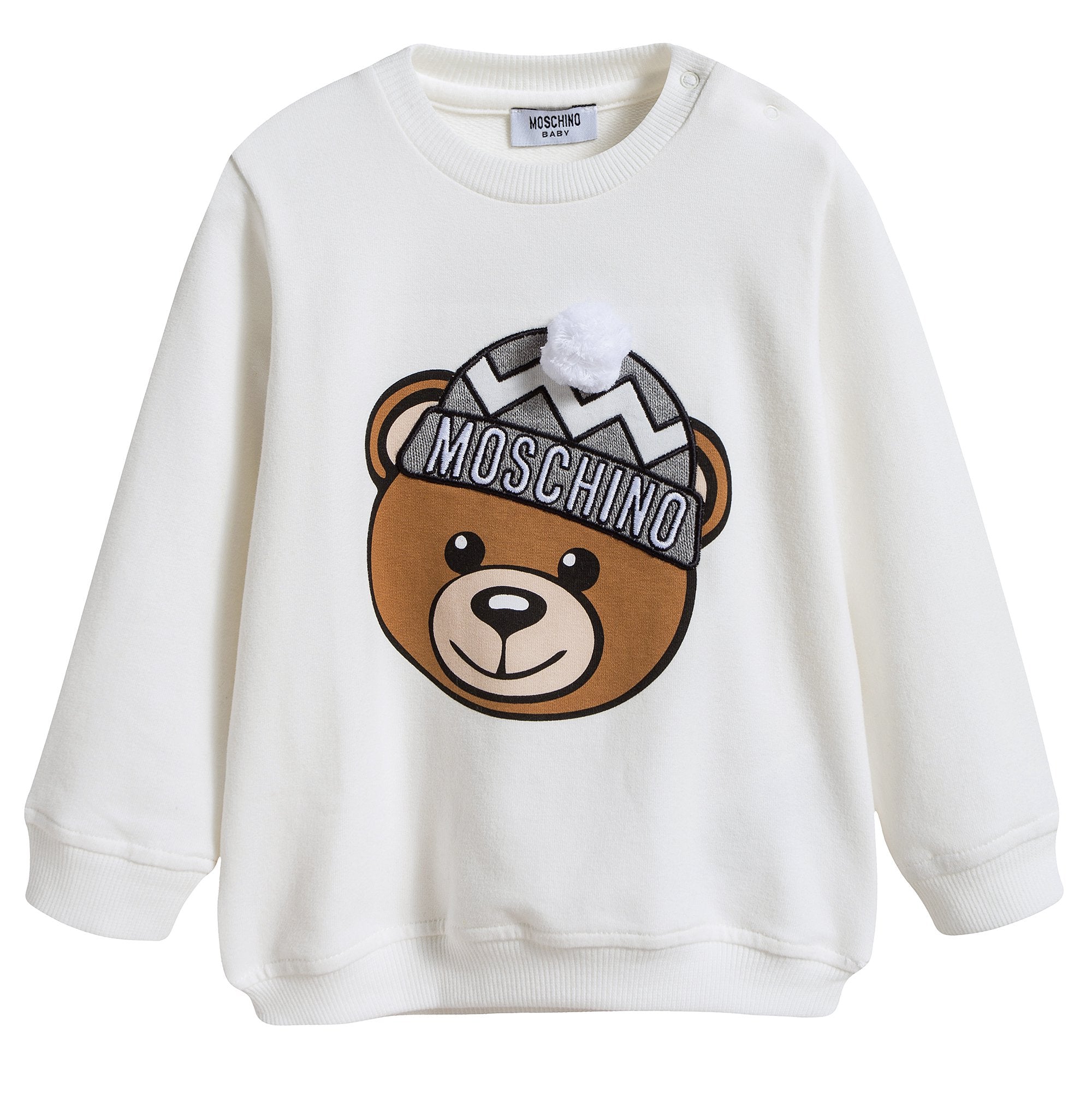 Baby White Cotton Sweatshirt With Pom-Pom Trim