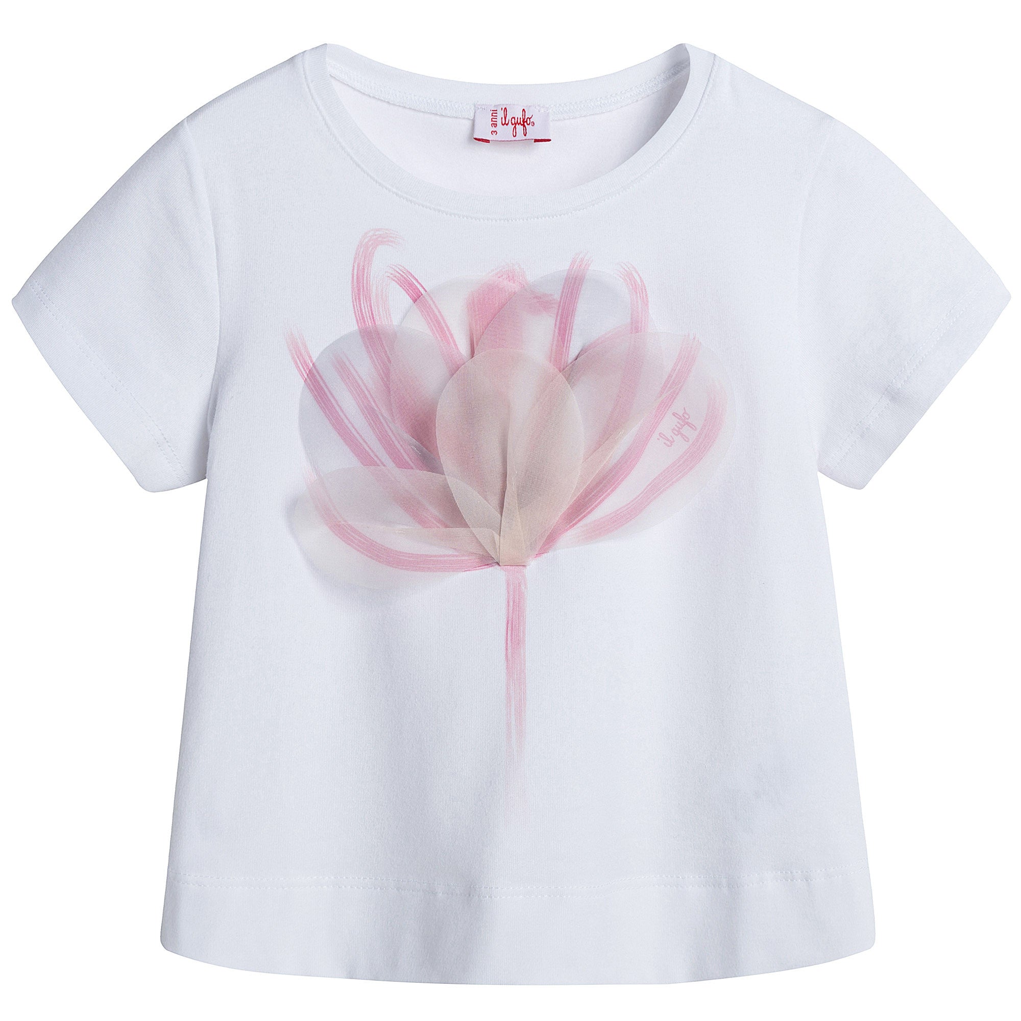 Girs White Cotton T-Shirt With Pink Flower applique - CÉMAROSE | Children's Fashion Store - 1