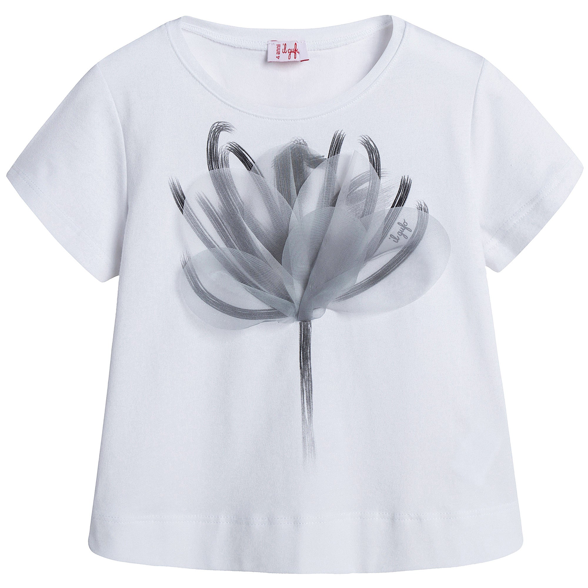 Girls White Cotton T-Shirt With Grey Flower applique - CÉMAROSE | Children's Fashion Store - 1