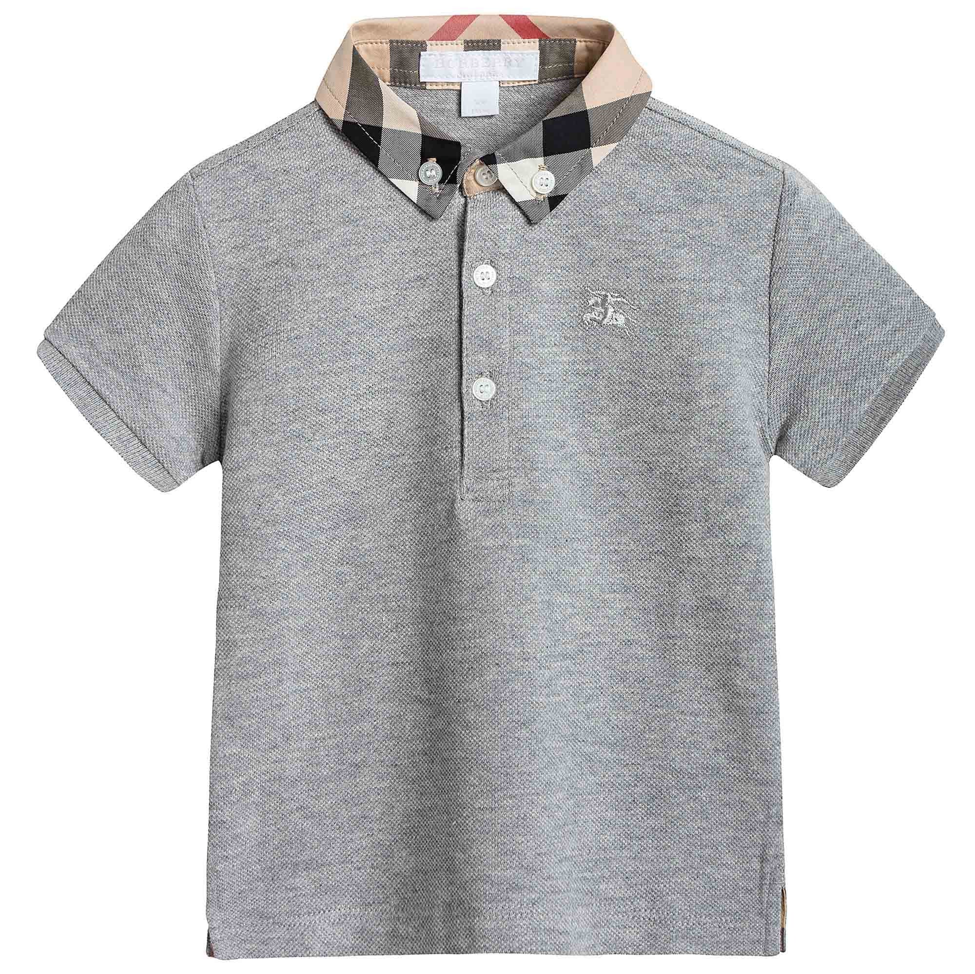 Boys Grey Polo Shirt With Check Collar - CÉMAROSE | Children's Fashion Store - 1