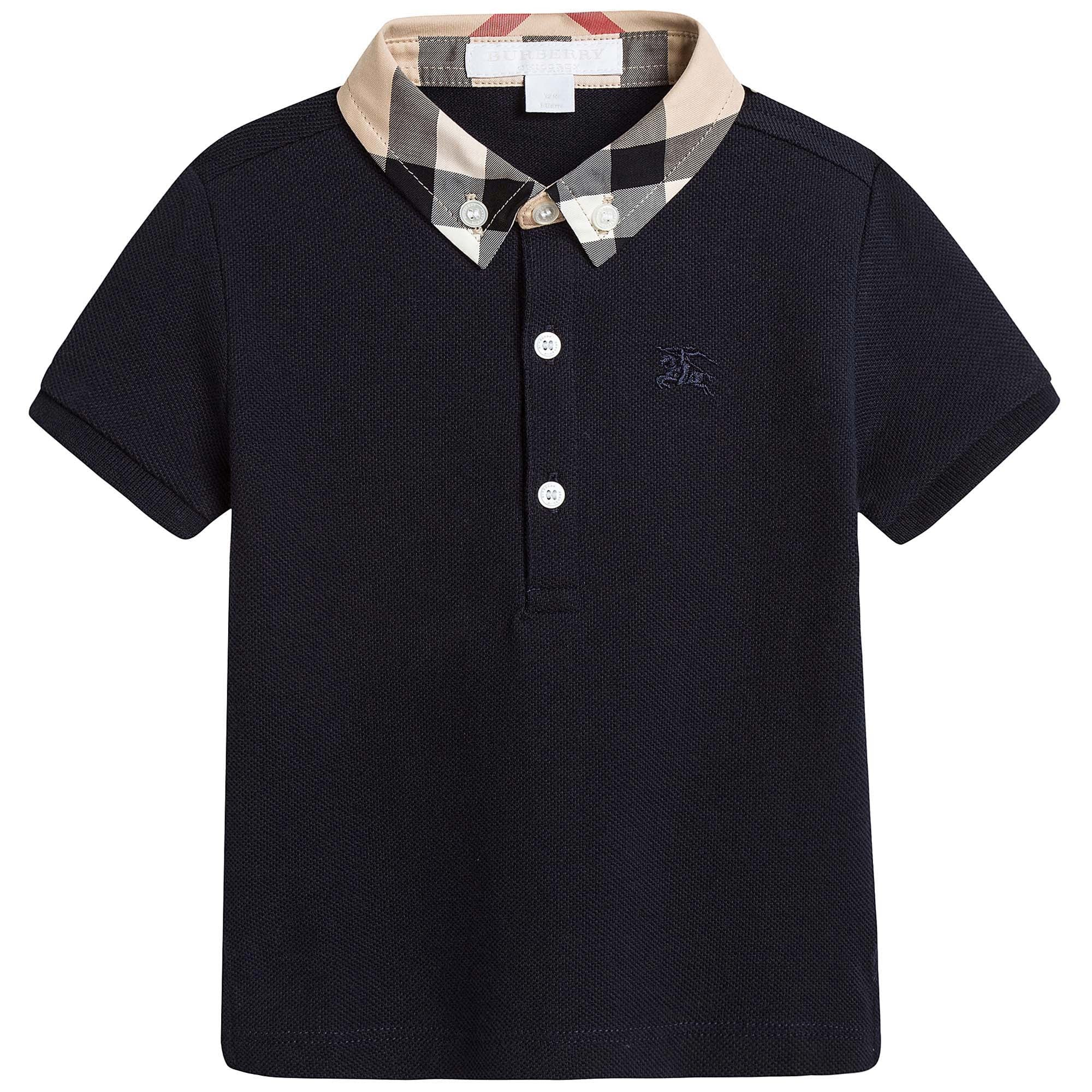 Baby Boys Navy Blue Polo Shirt With Check Collar - CÉMAROSE | Children's Fashion Store - 1