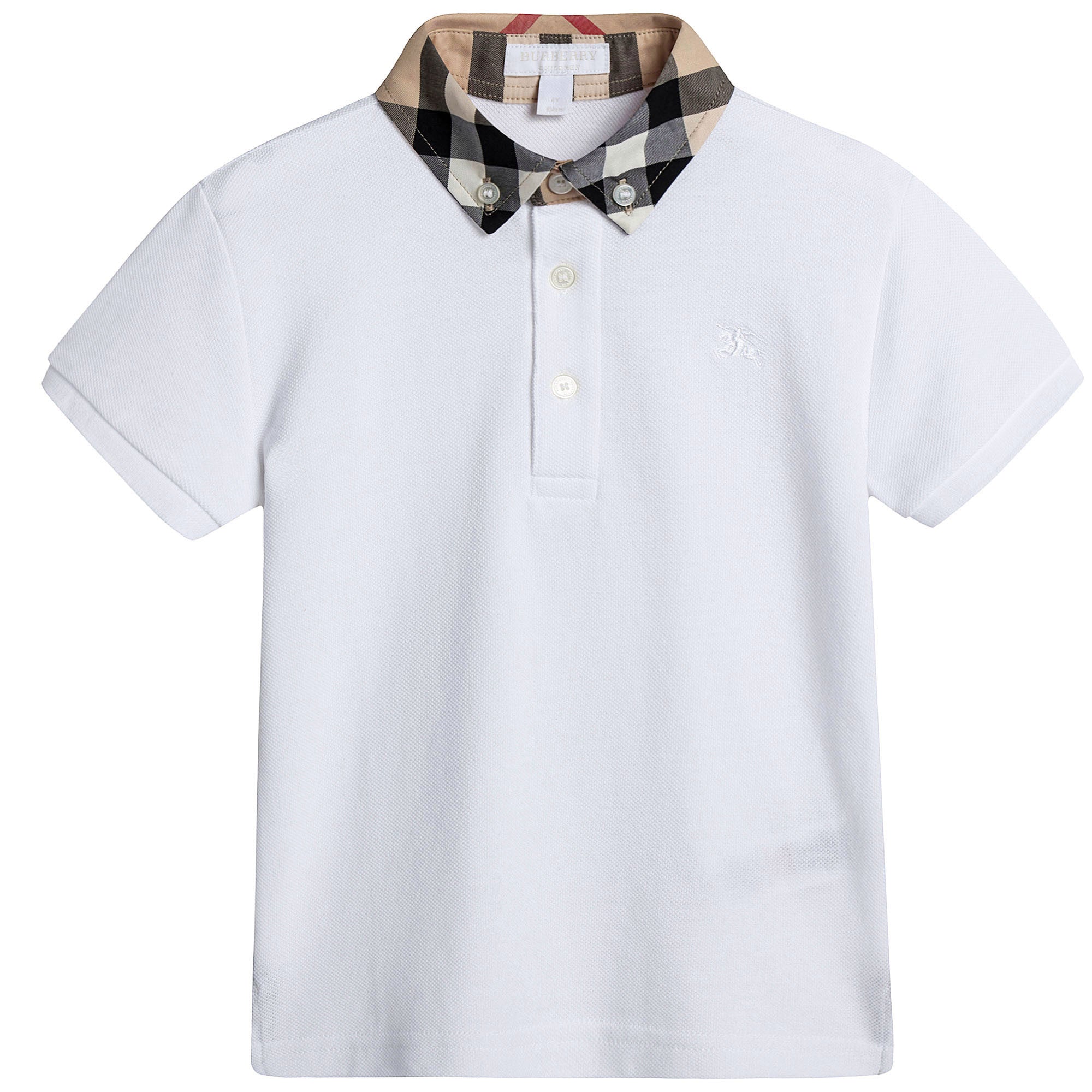 Boys White Cotton Polo Shirt With Check Collar