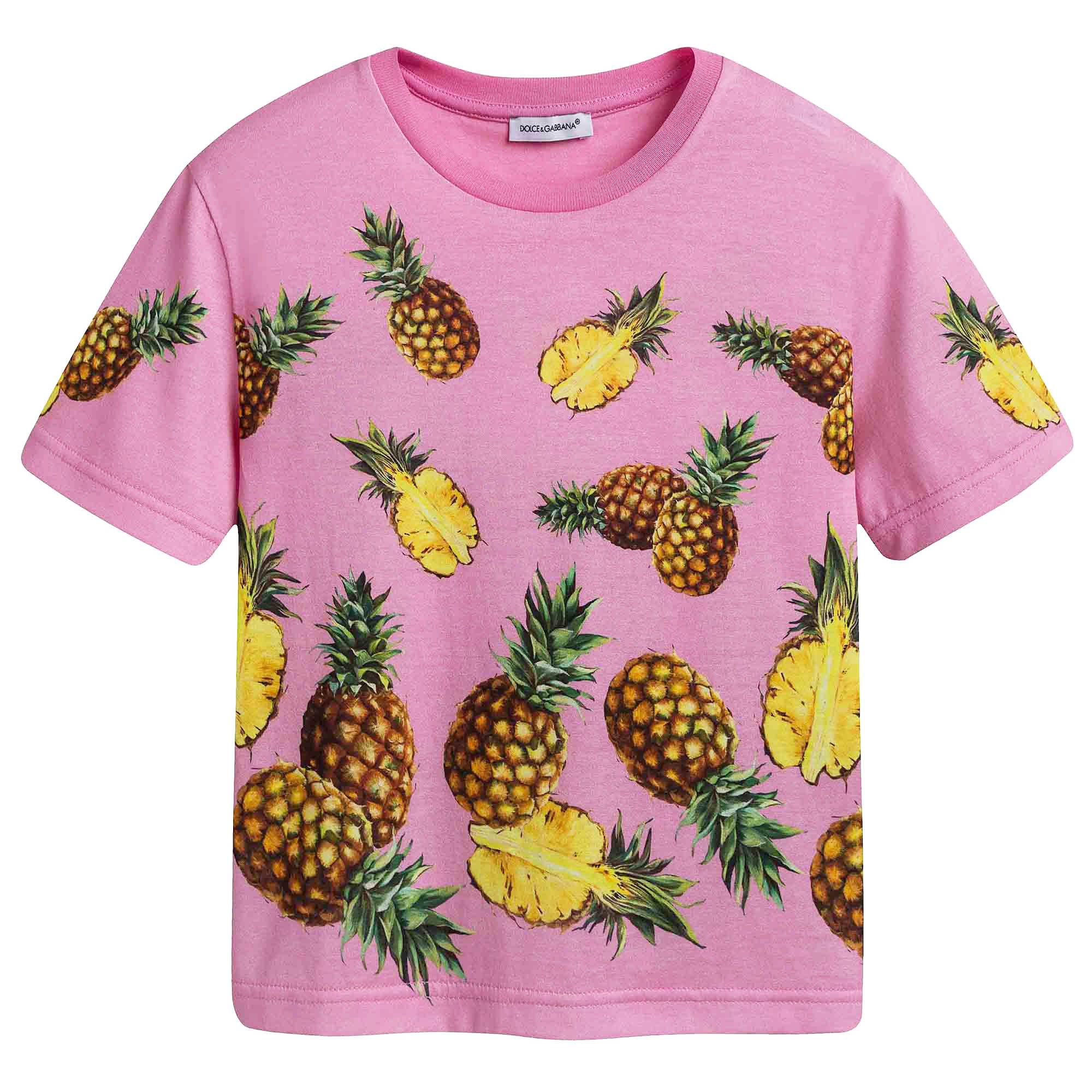 Girls Pink Pineapple Printed Cotton T-shirt