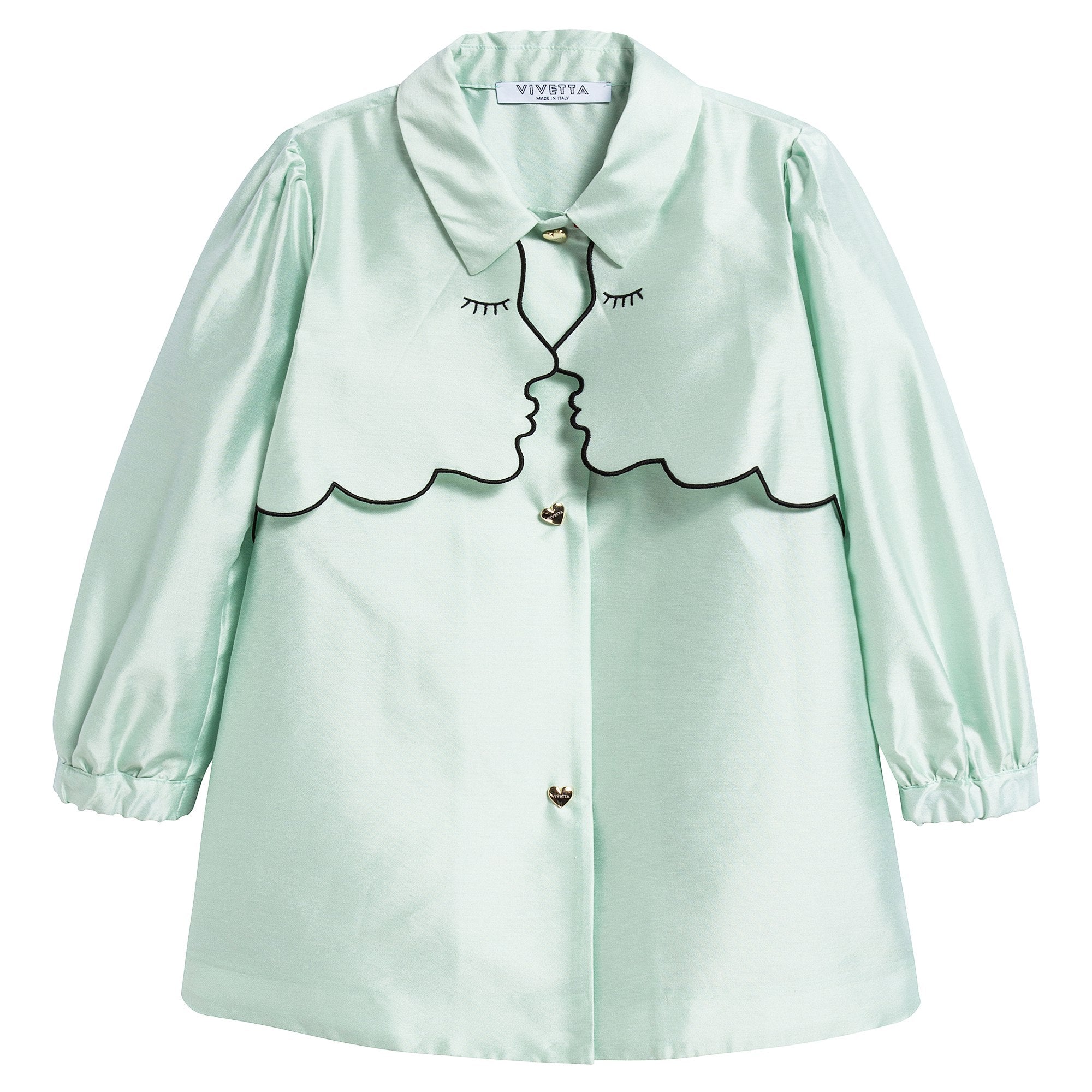 Girls Mint Green Collar And Embroidery Cotton Dustcoat