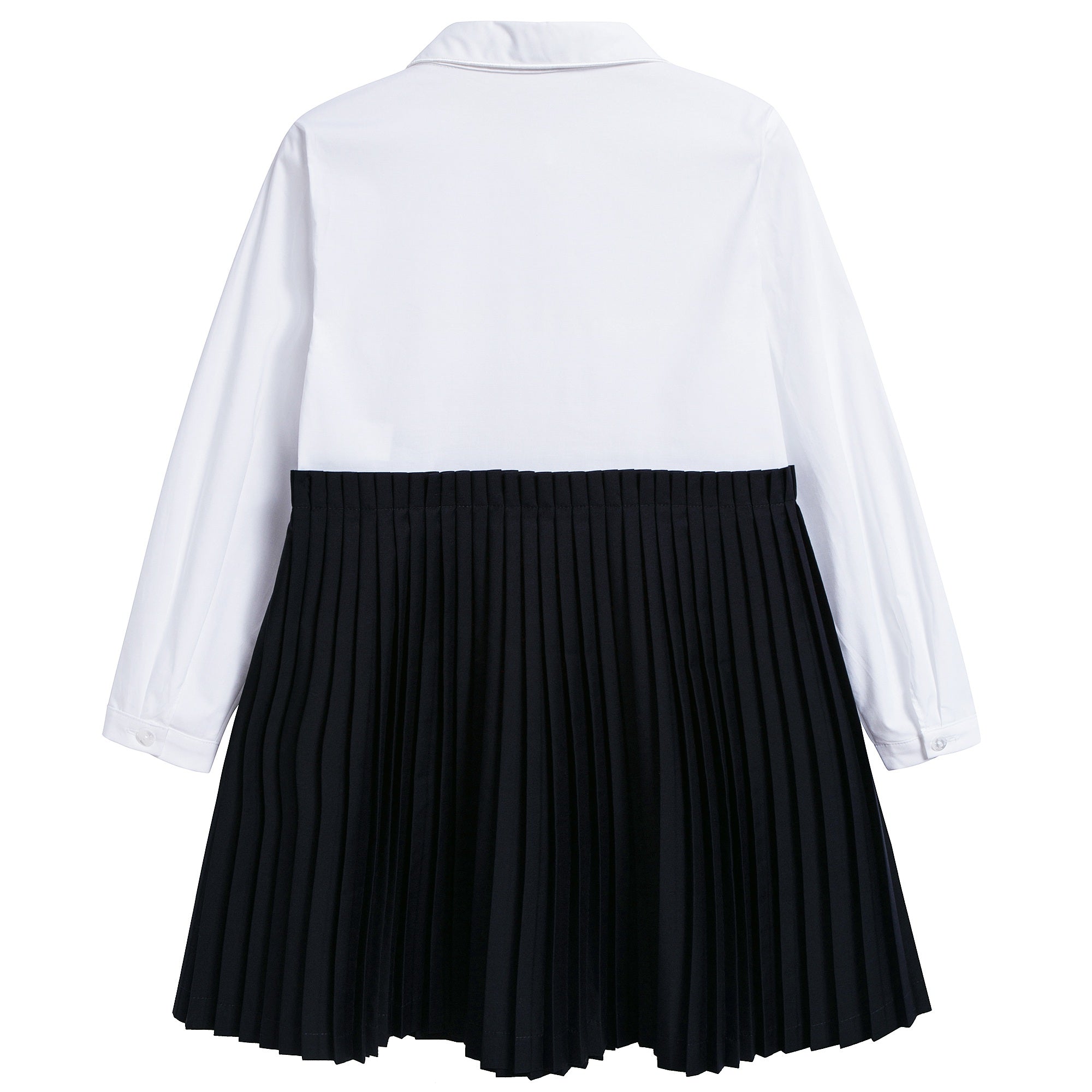 Girls White & Black Pleated And Poplin Cotton Dress