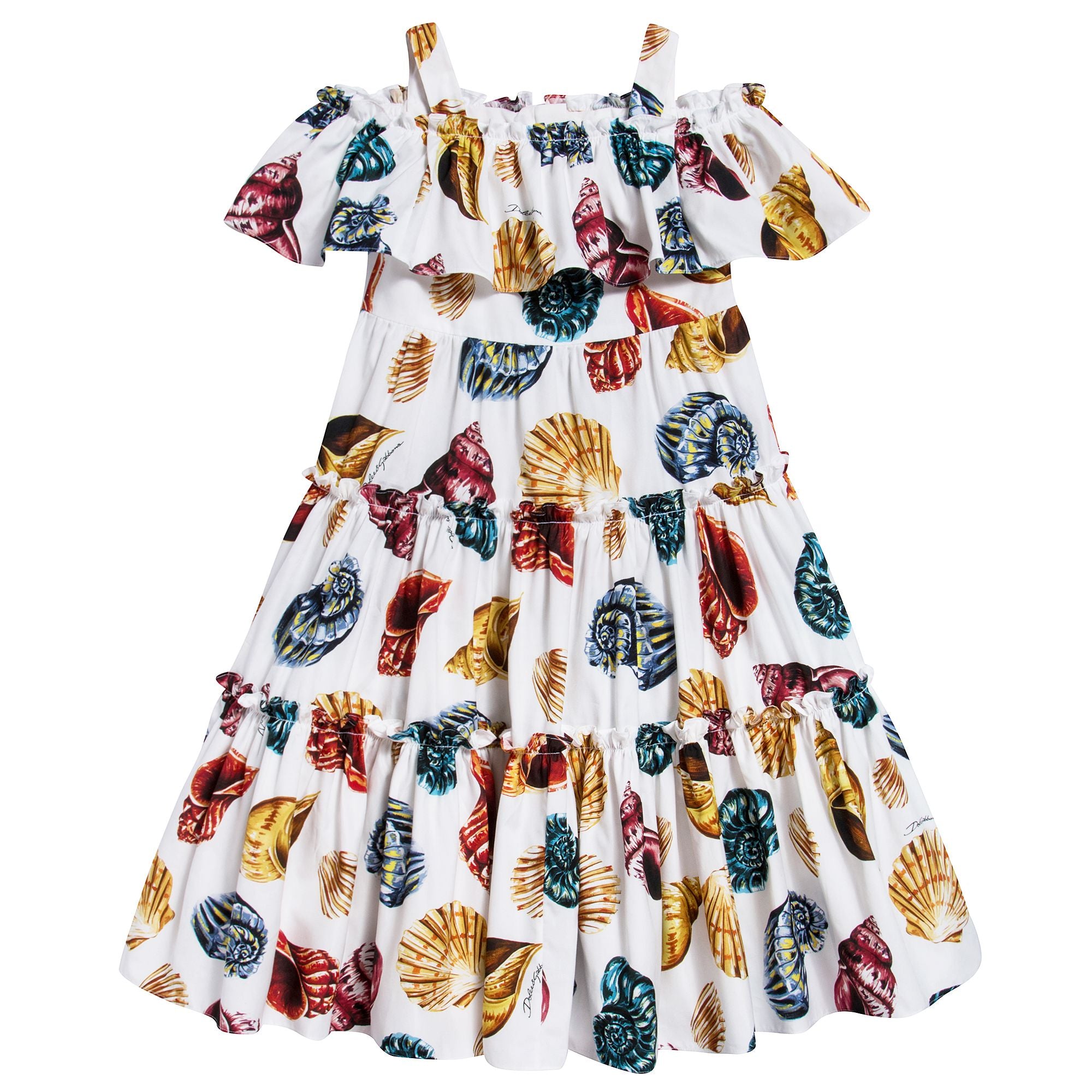Girls White Shell Printed Cotton Dress
