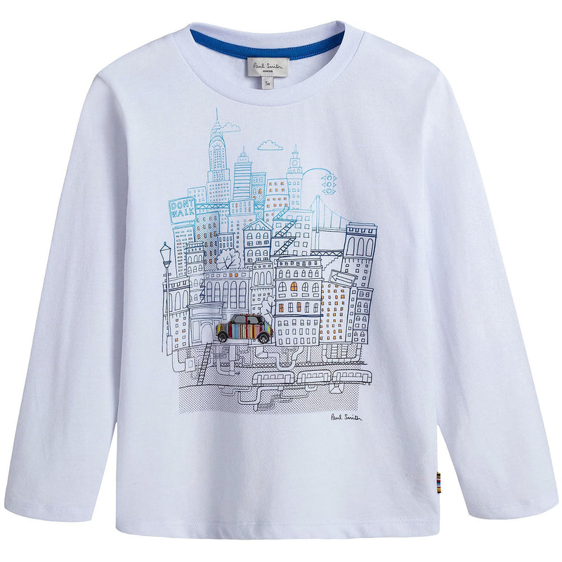 Boys White City Printed Trims Cotton T-Shirt - CÉMAROSE | Children's Fashion Store - 1
