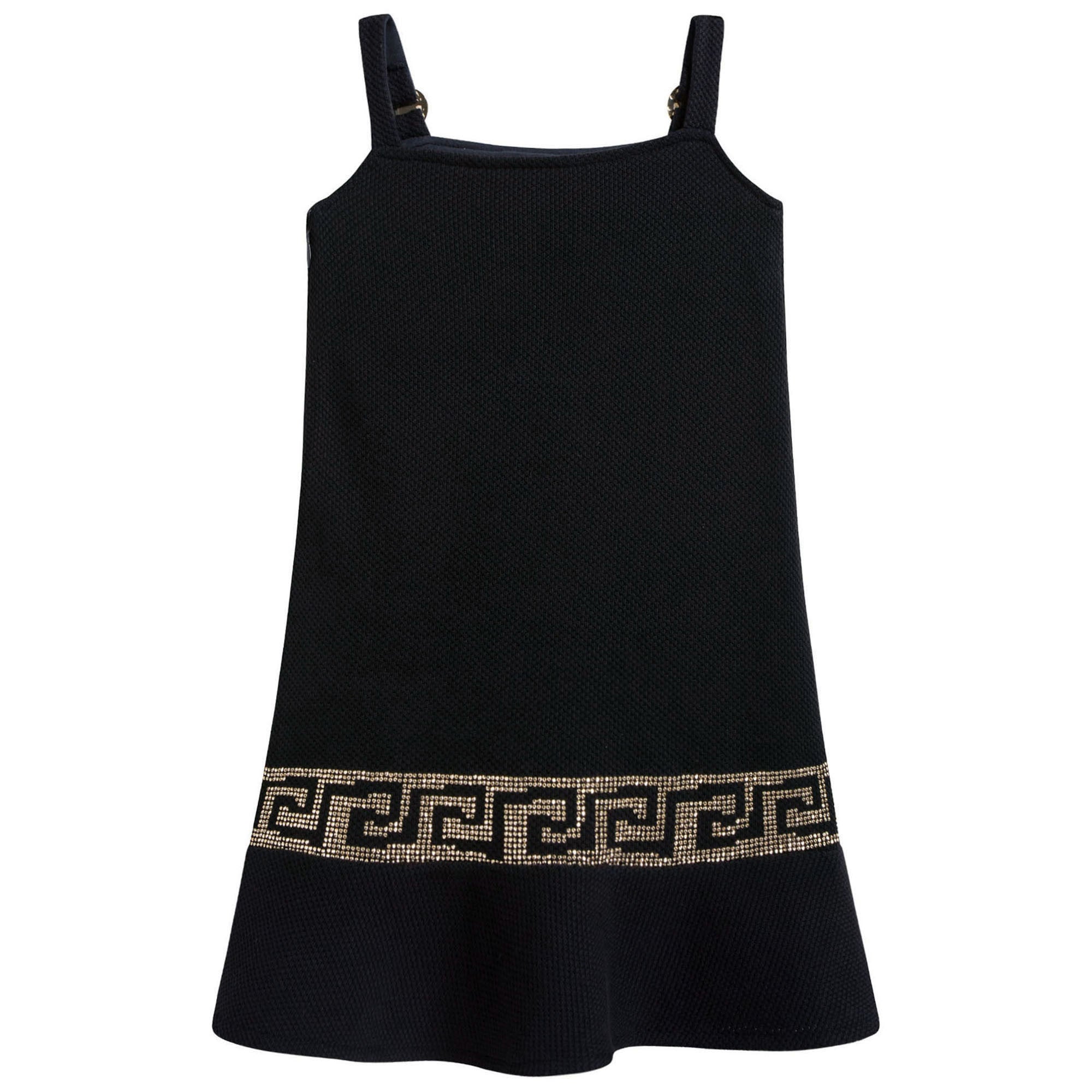 Girls Navy Blue Cotton Dress With Gold Rhinestone Trims