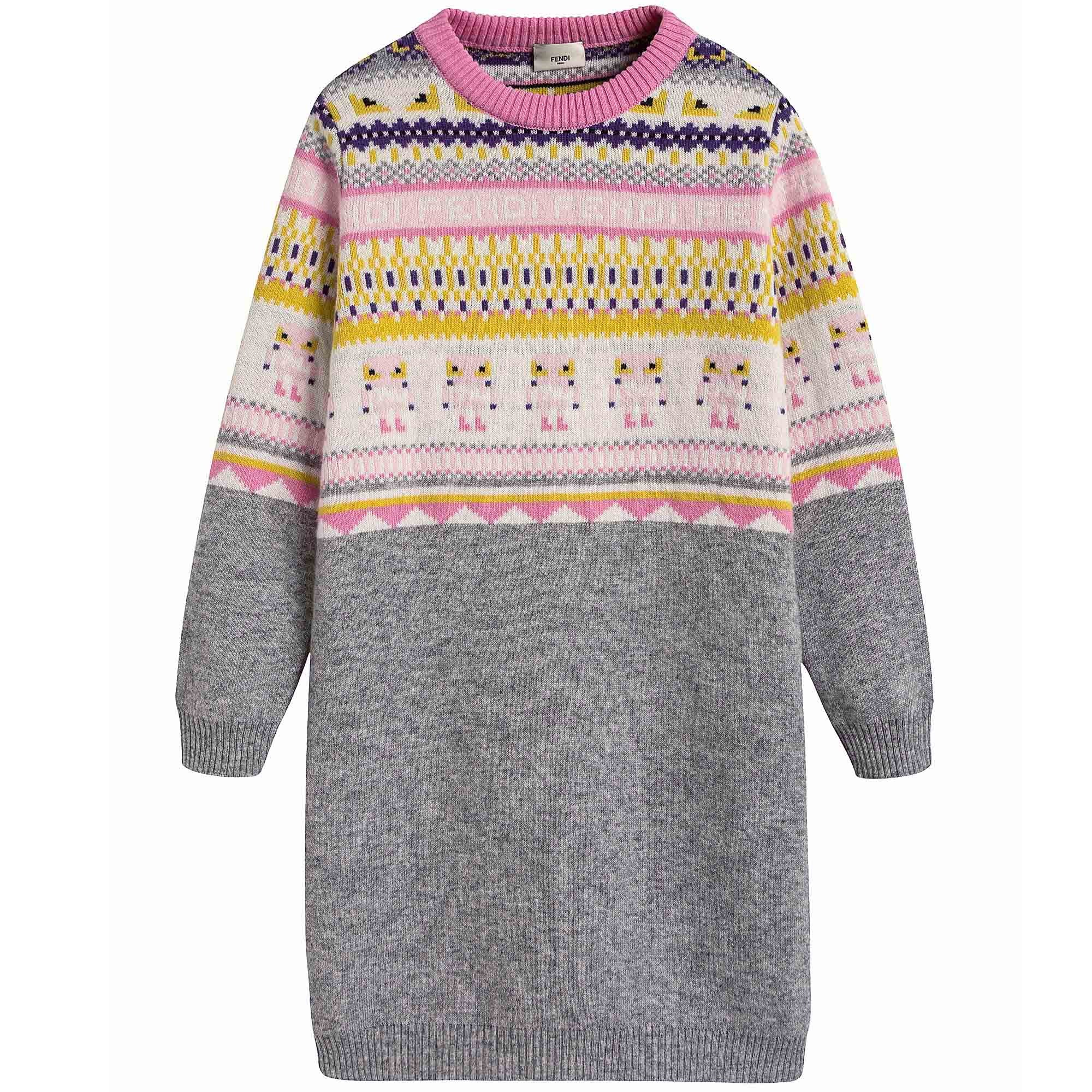 Girls Light Grey Knitted Dress With Multicolor Pattern Trims - CÉMAROSE | Children's Fashion Store - 1