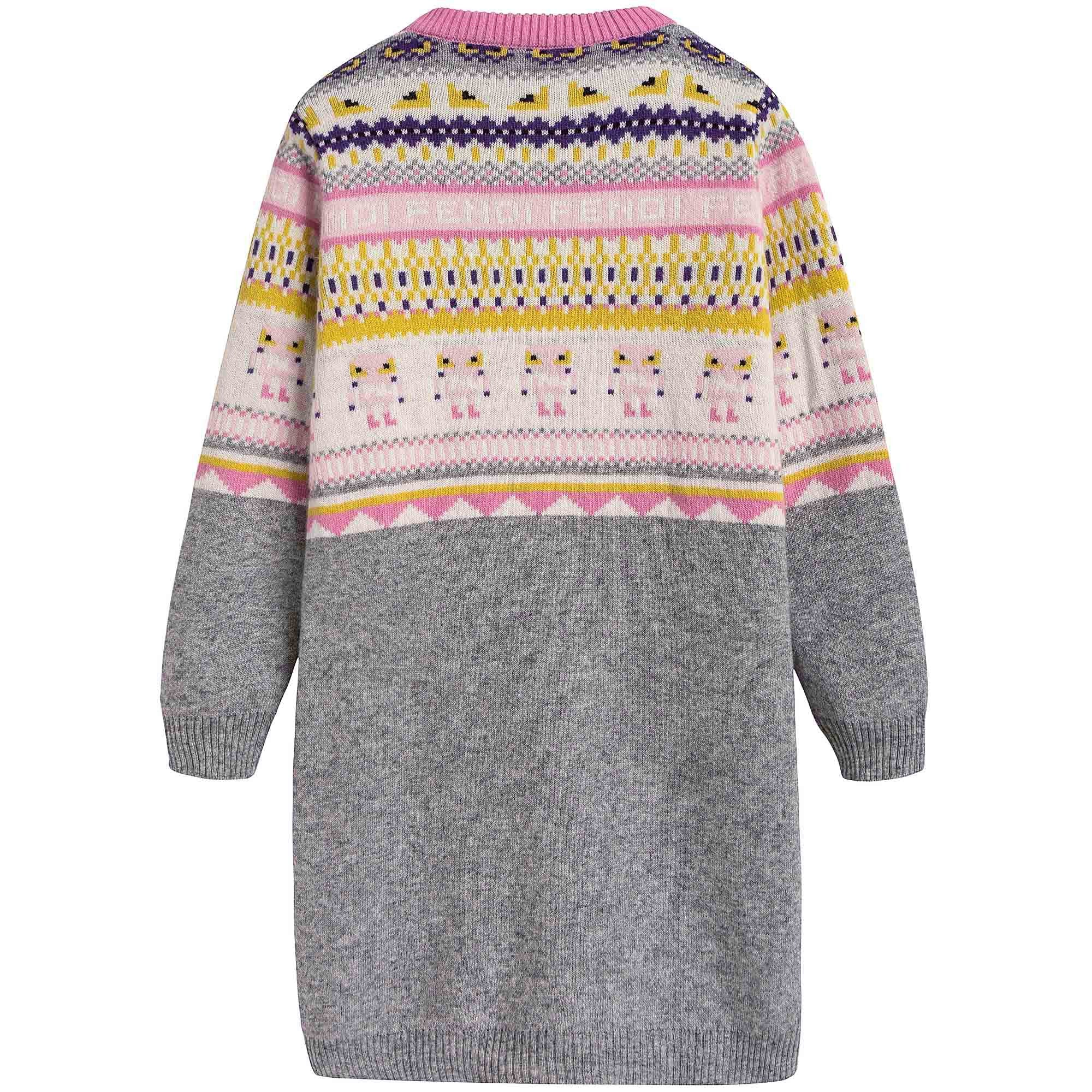 Girls Light Grey Knitted Dress With Multicolor Pattern Trims - CÉMAROSE | Children's Fashion Store - 2