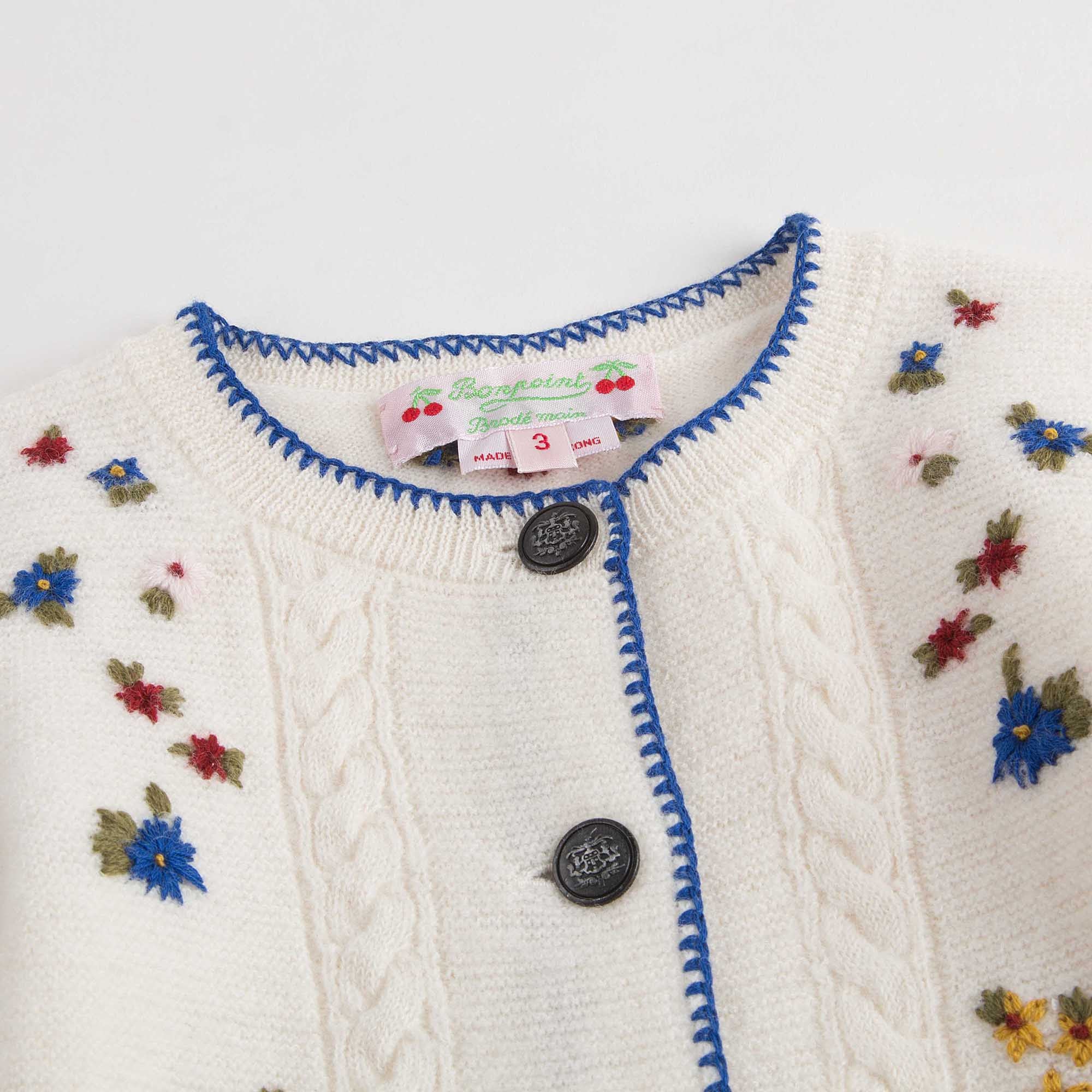 Girls White With Blue Lace Wool Cardigan - CÉMAROSE | Children's Fashion Store - 3