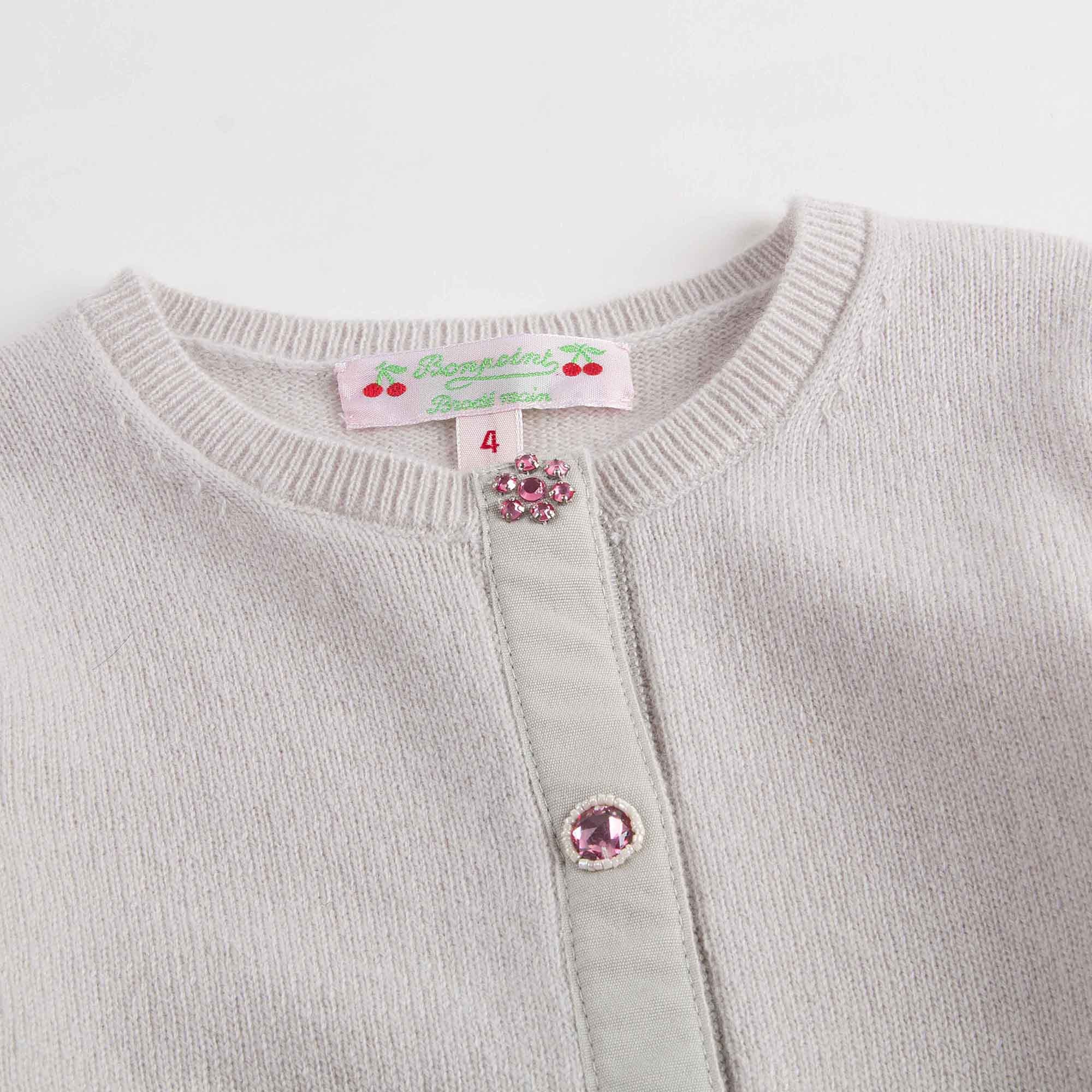 Girls Light Grey With Flowers Buttons Cashmere Sweater - CÉMAROSE | Children's Fashion Store - 3