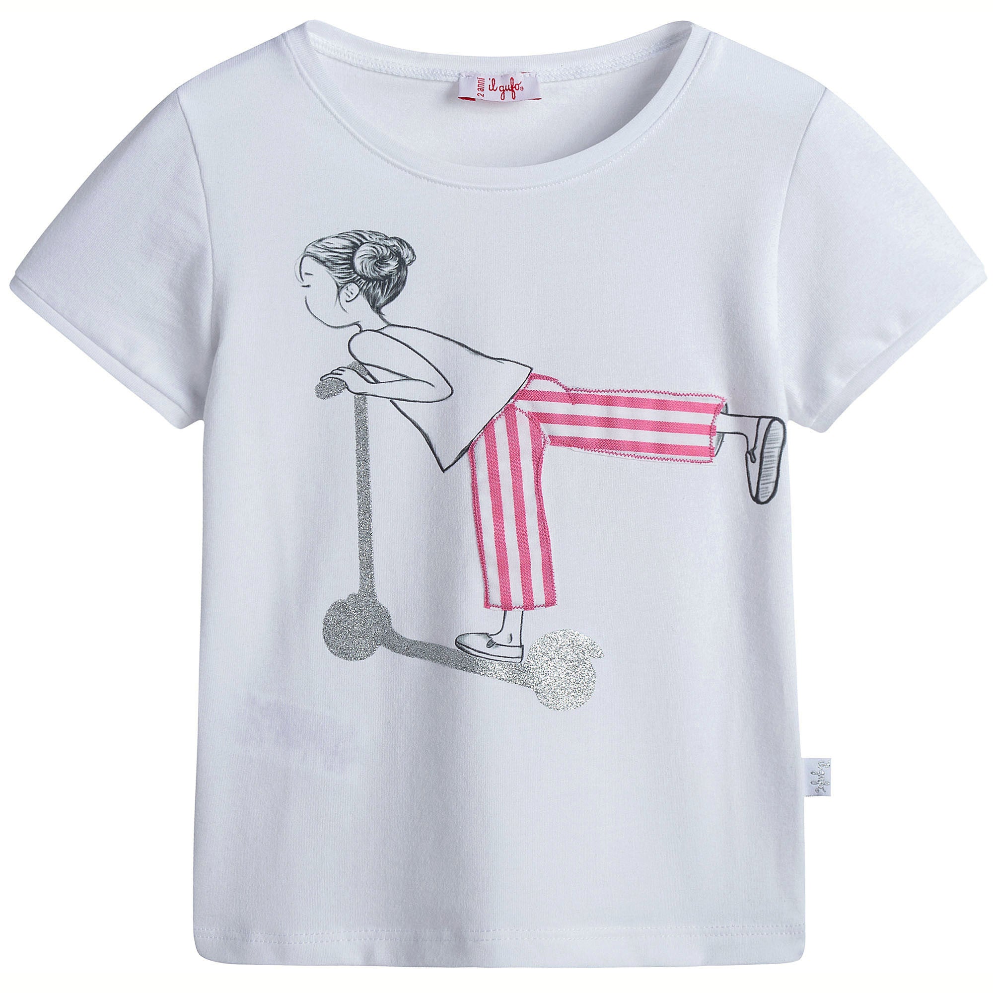 Girls White With Pink stripe Cotton Jersey T-Shirt - CÉMAROSE | Children's Fashion Store - 1