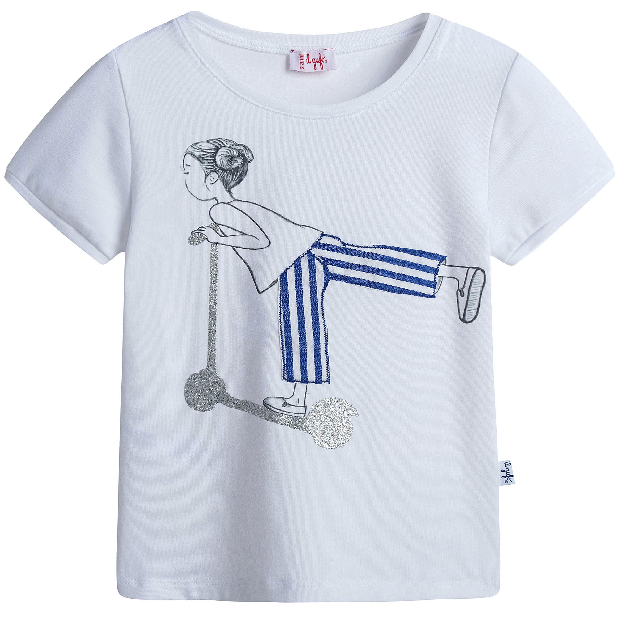 Girls White With Blue stripe Cotton Jersey T-Shirt - CÉMAROSE | Children's Fashion Store - 1