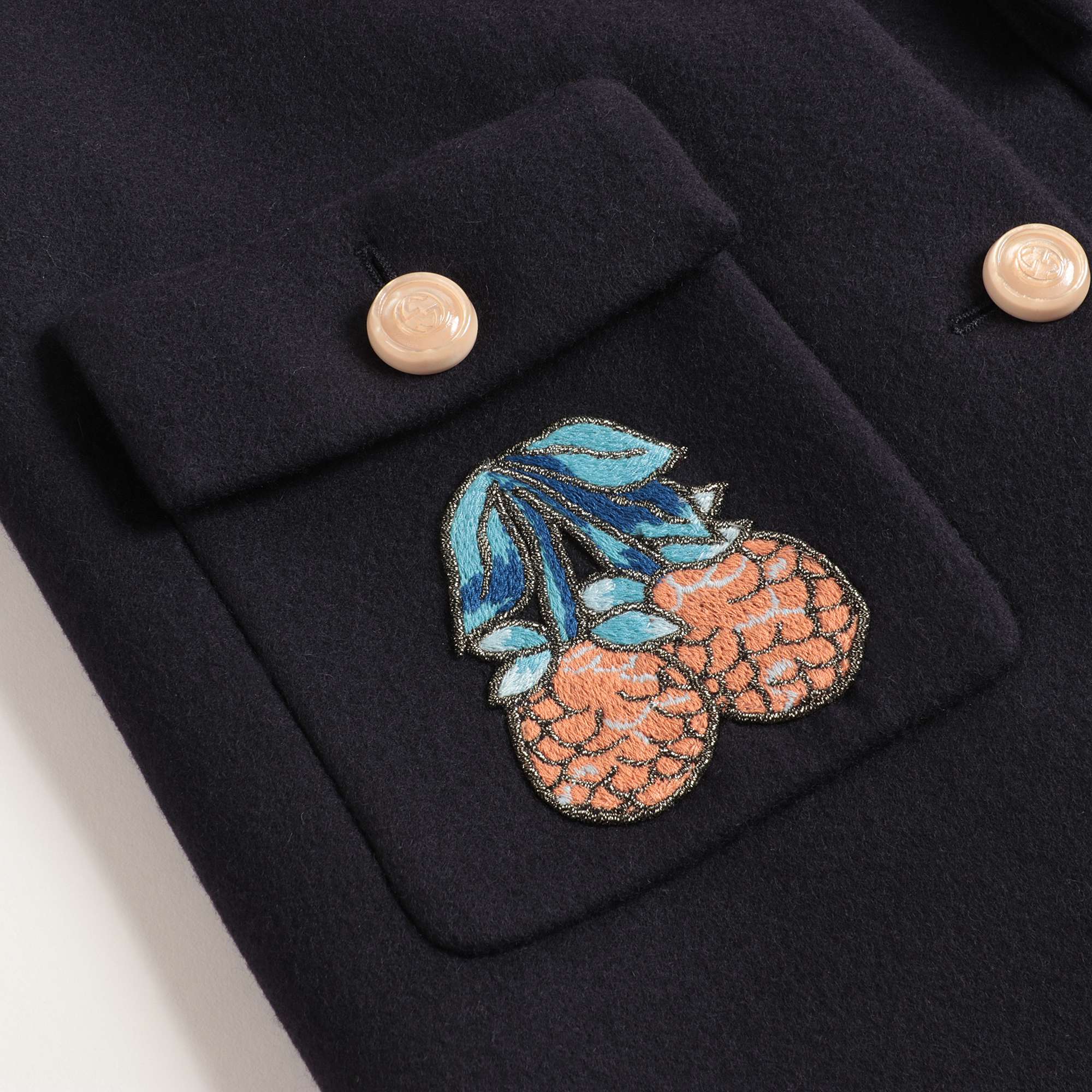 Girls Dark Blue Embroidered Wool Coat