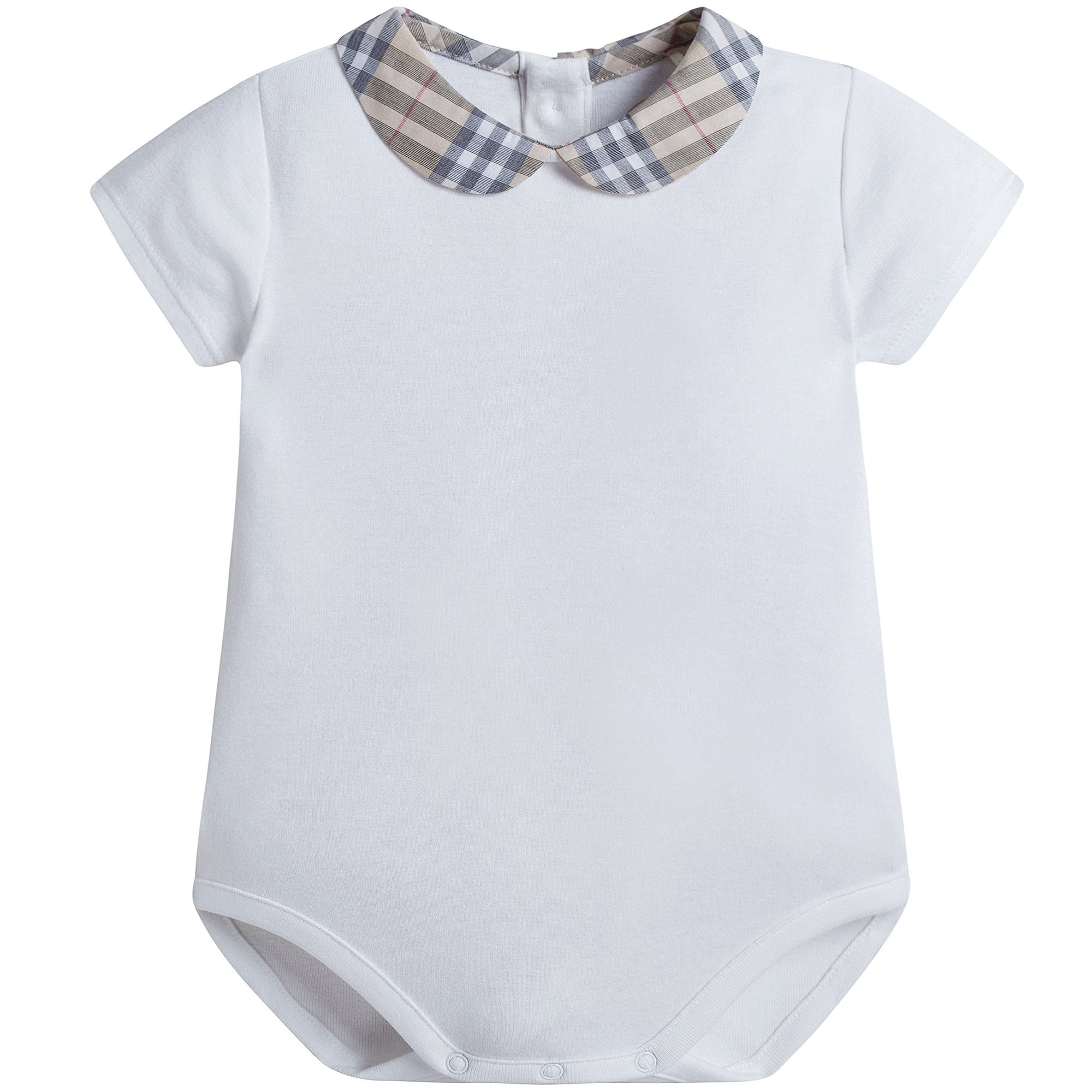 Baby White Cotton Babysuit With Check Collar
