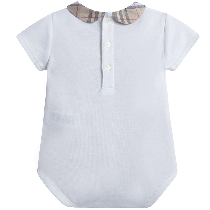 Baby White Cotton Babysuit With Check Collar