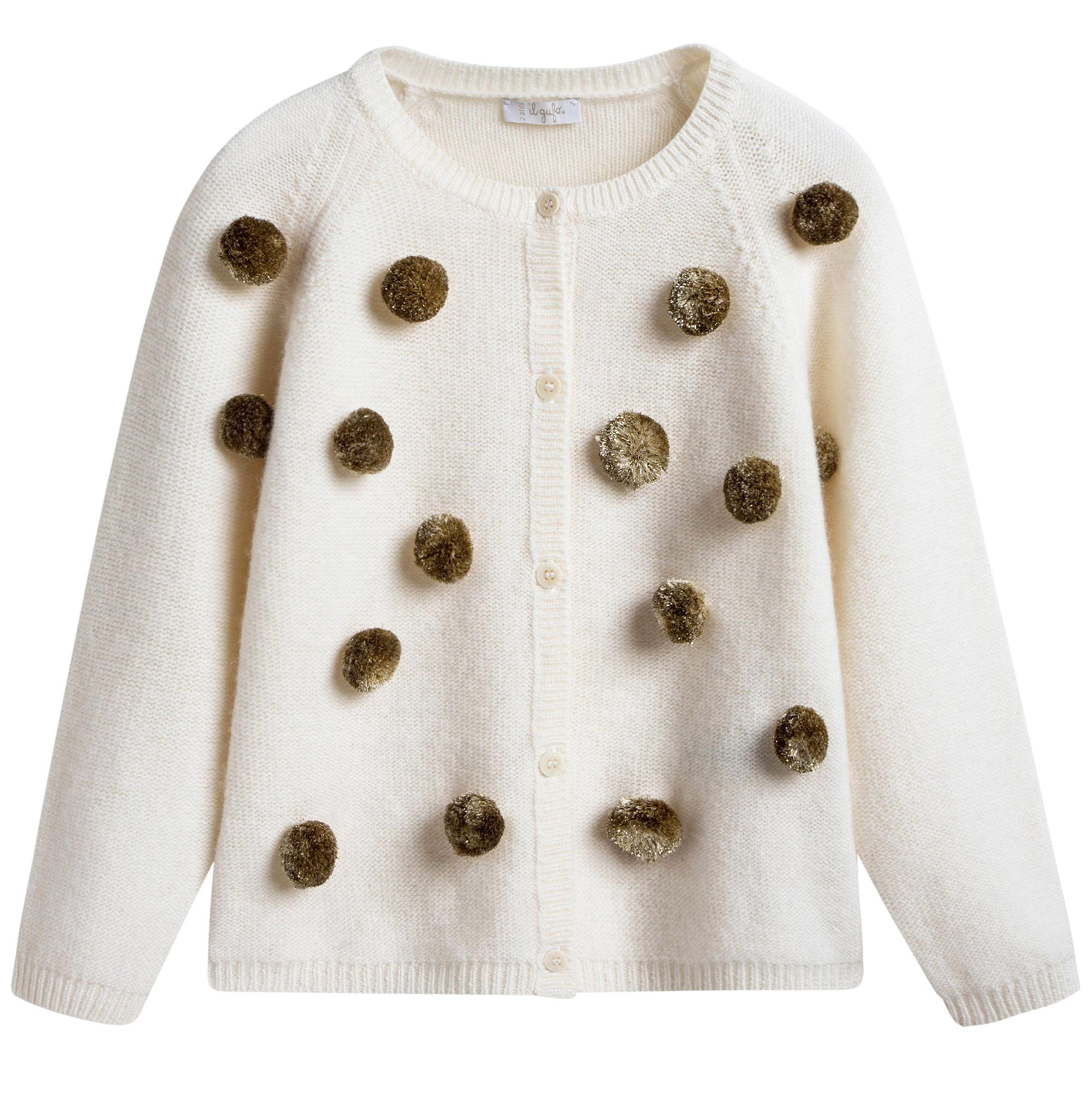 Girls Milk With Gold Pom-Pom Wool  Cardigan