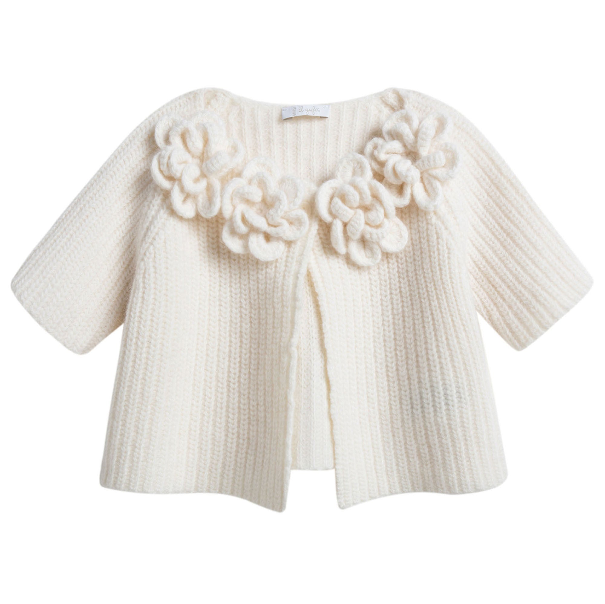 Girls Ivory Wool Cardigan With Flower Trims
