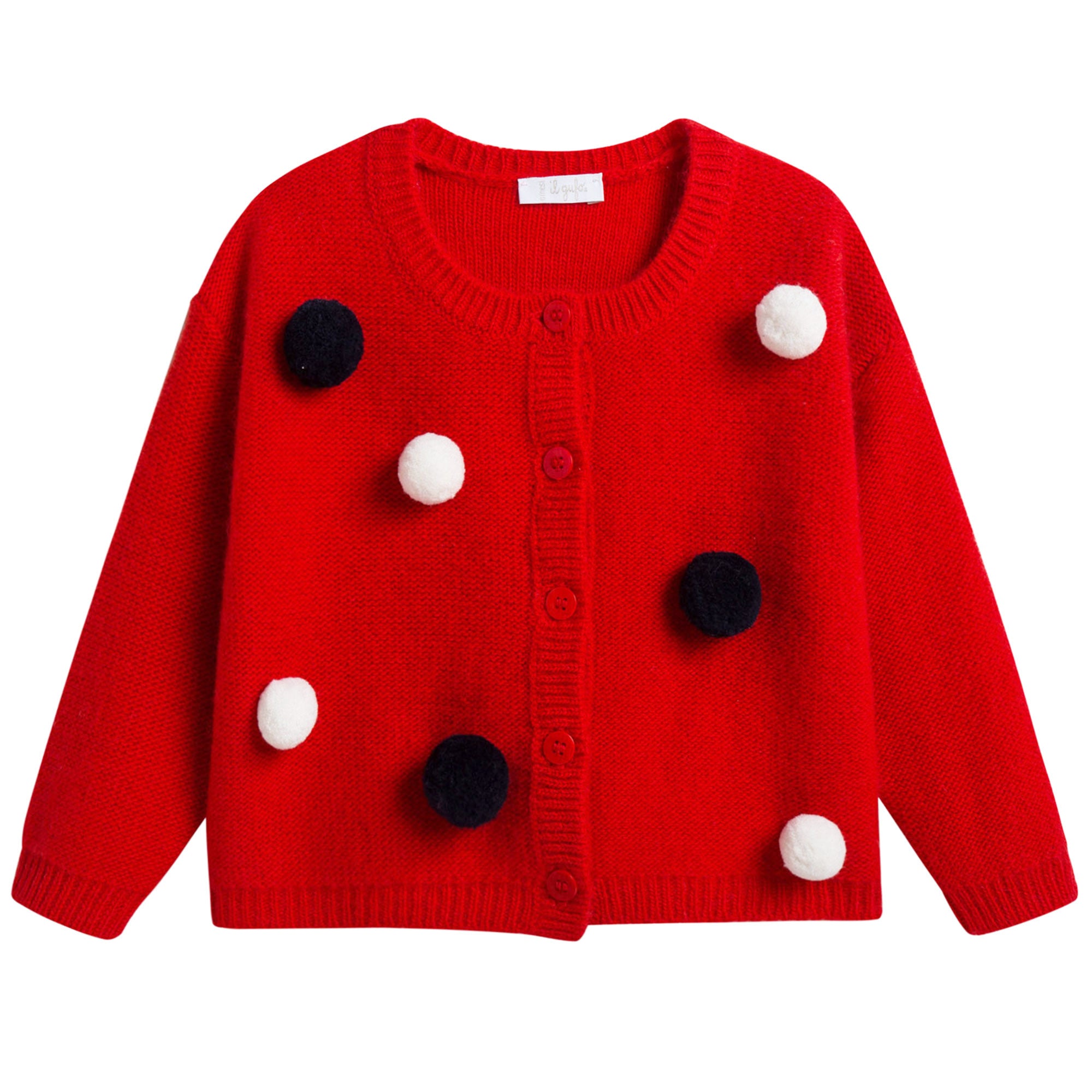 Girls Red Wool Cardigan With Pom-Pom Trims